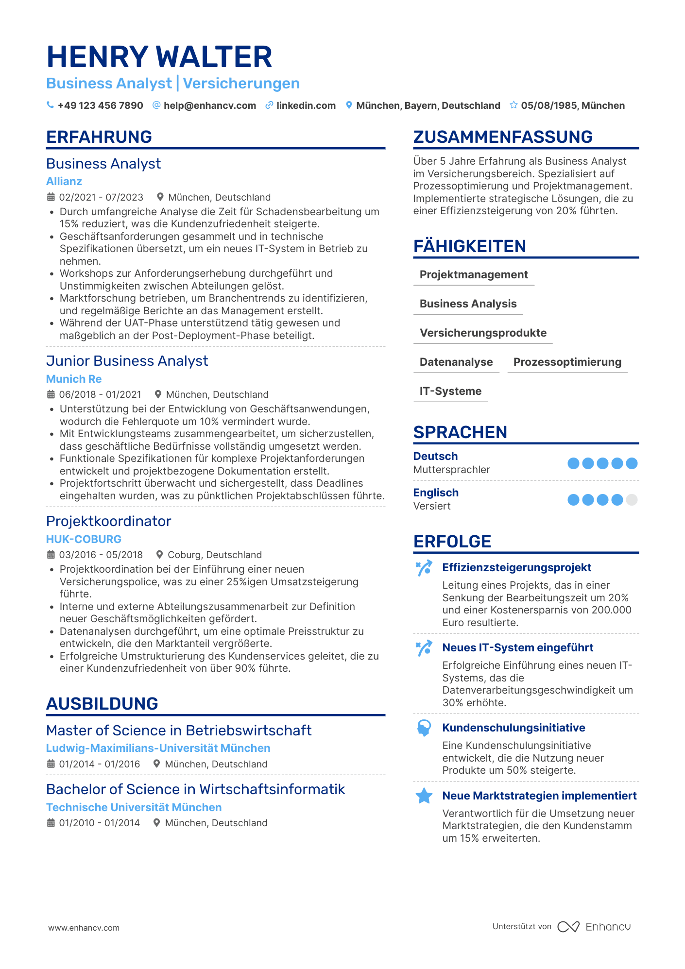 Lebenslauf in Business Analyst für Versicherungen