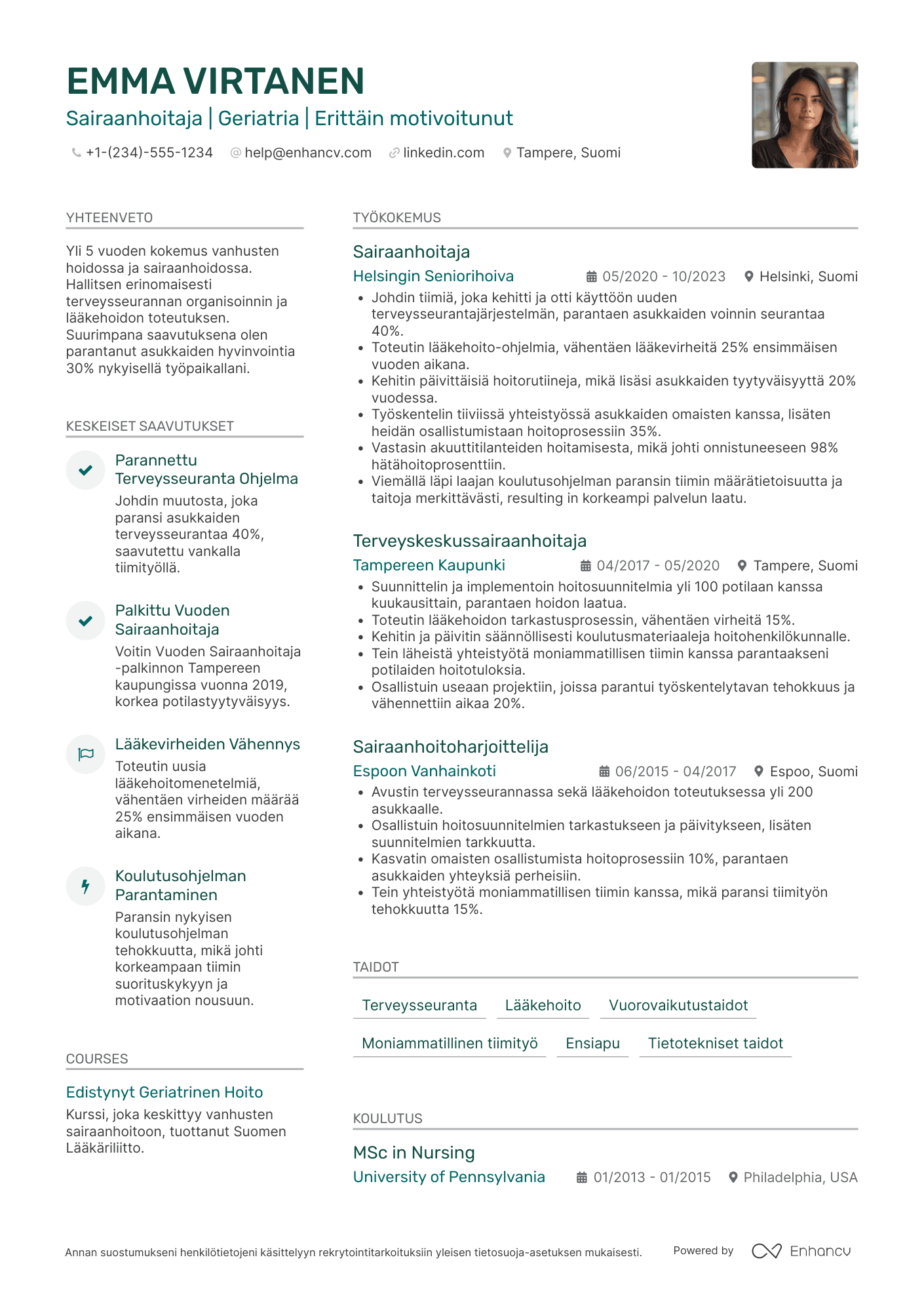 Ansioluettelo Sairaanhoitaja Geriatria