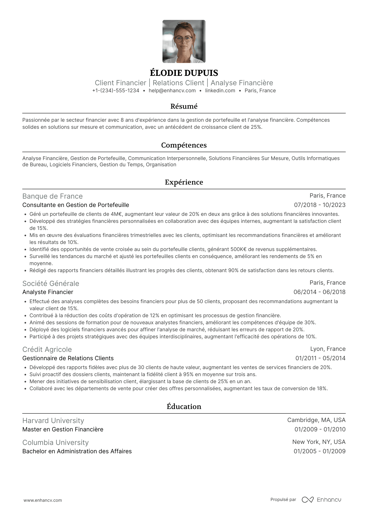 CV service client financier