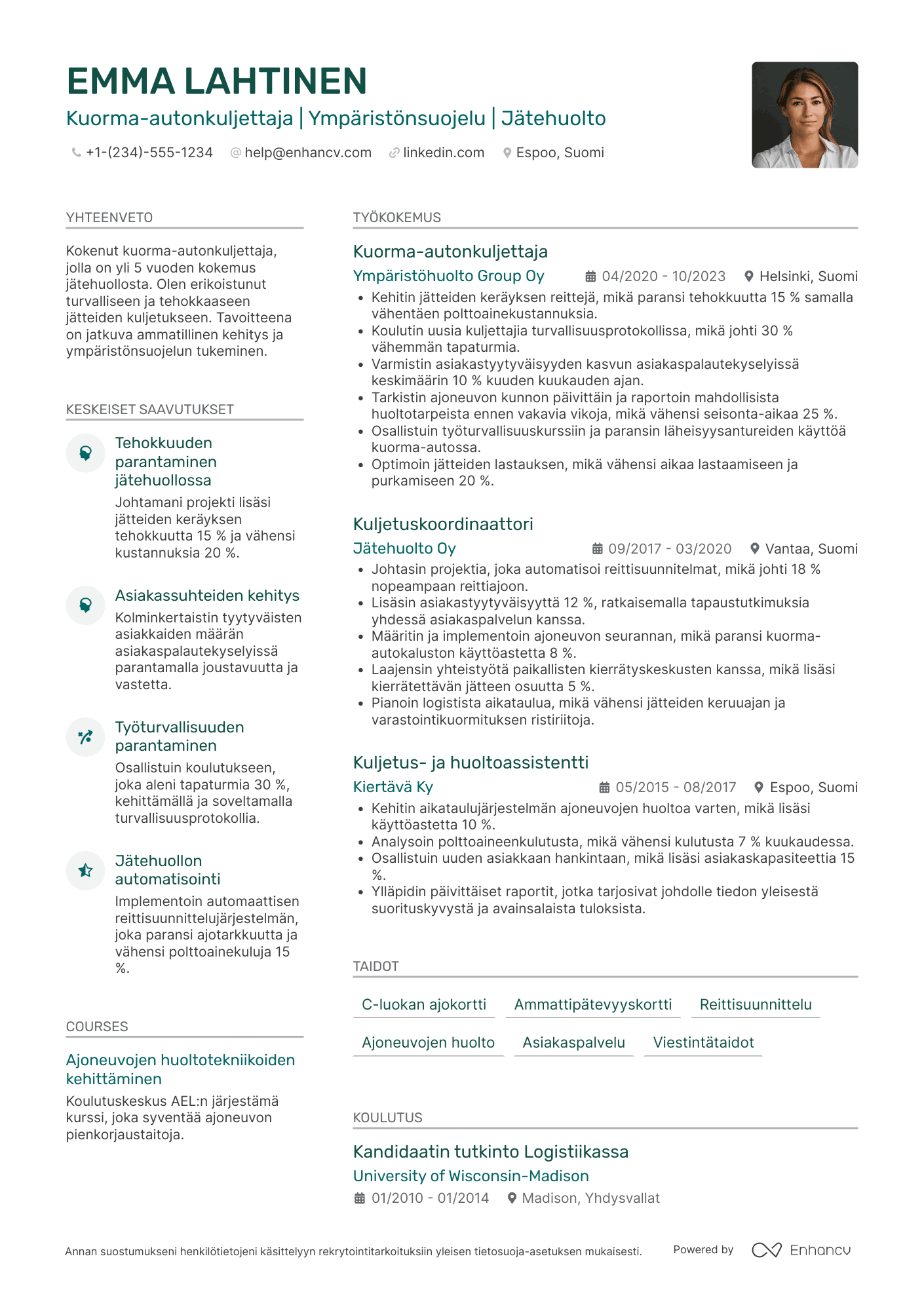 Ansioluettelo Kuorma autonkuljettaja jätehuollossa