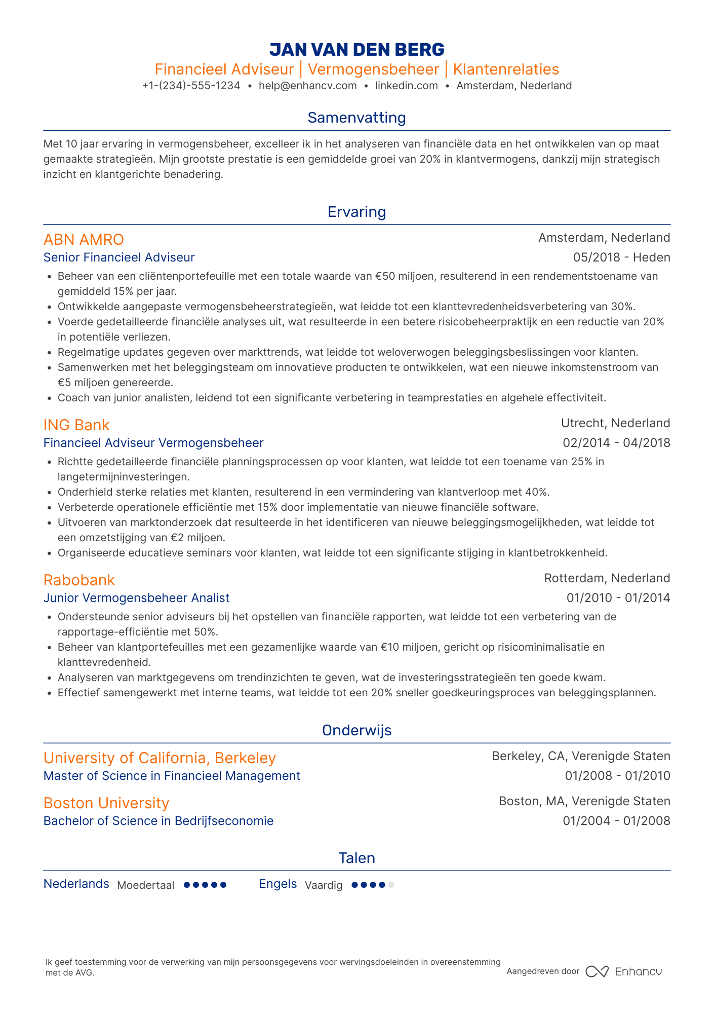CV voor Financieel Adviseur Vermogensbeheer