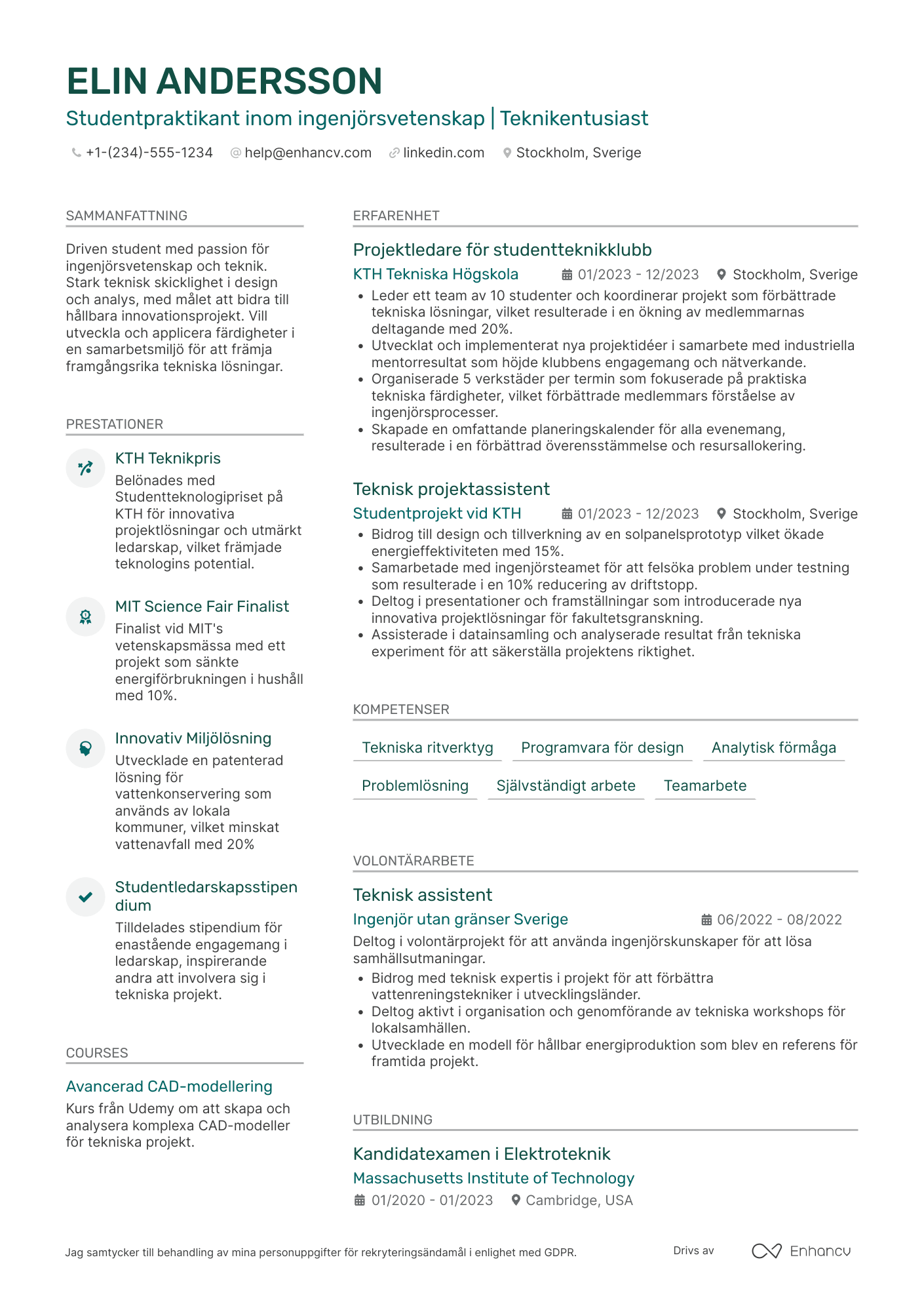 CV för Student Engineering Intern