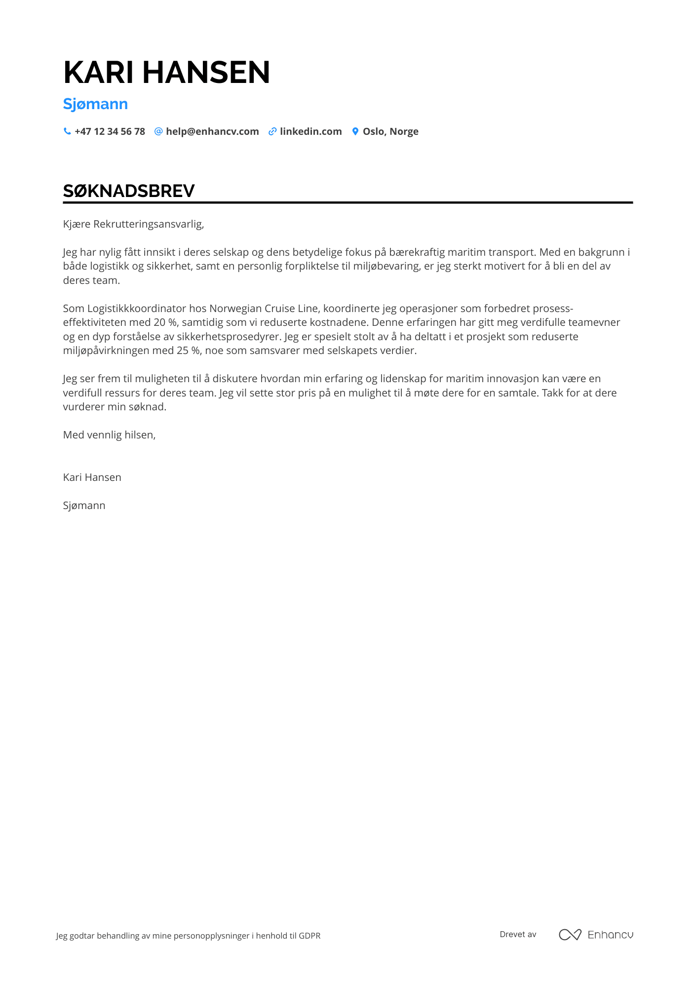 Søknadsbrev for Sjømann Nybegynner