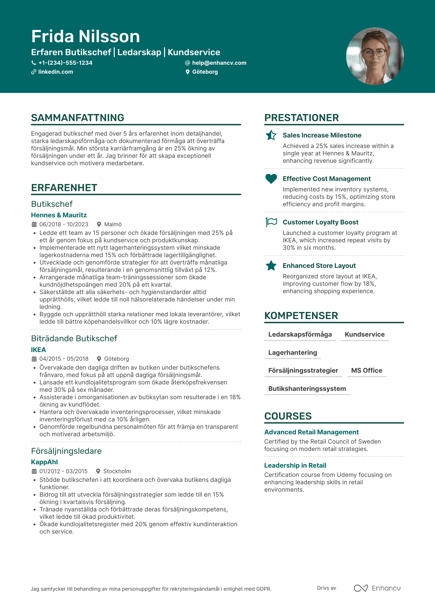 CV för Erfaren Butikschef