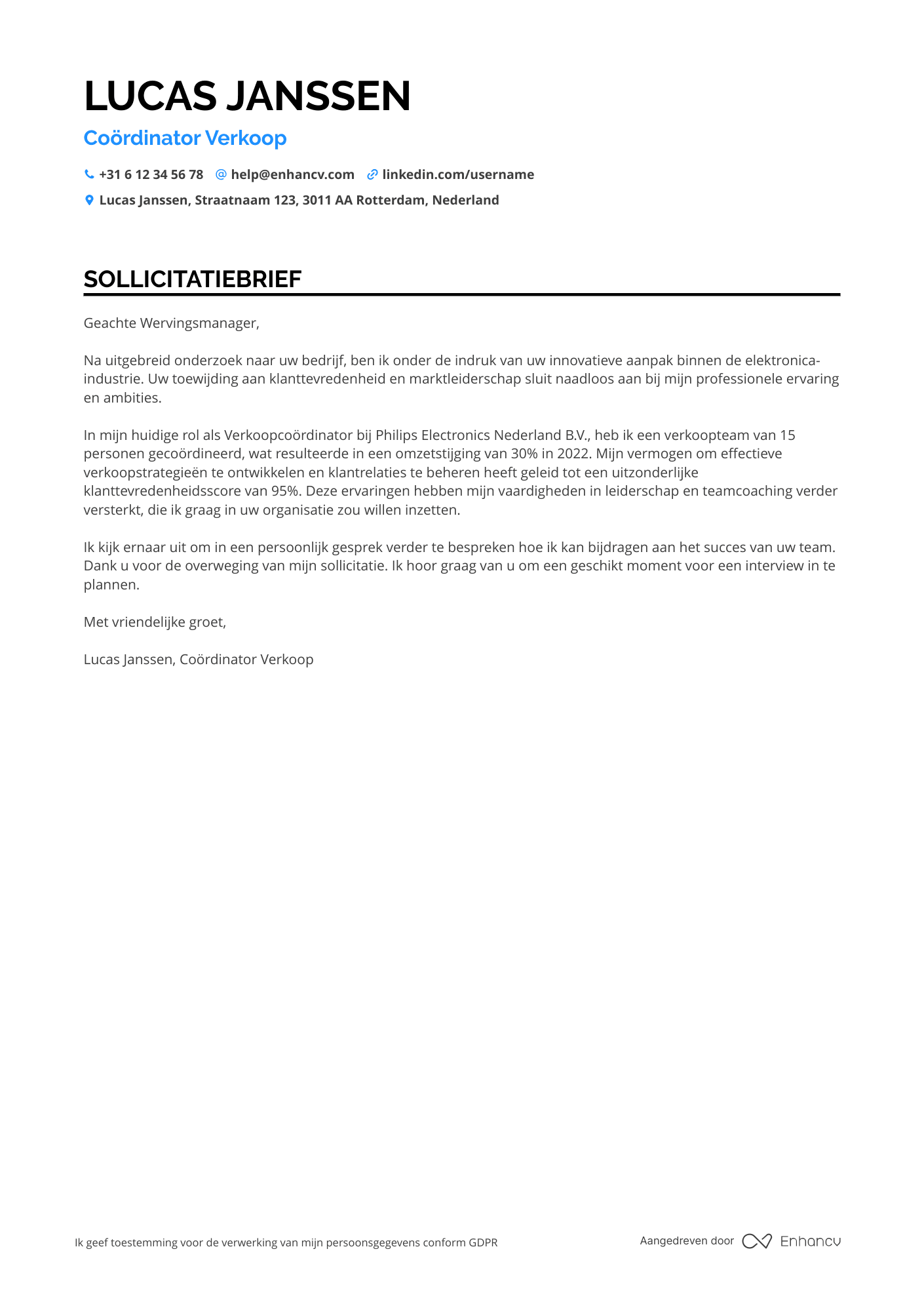 Sollicitatiebrief voor Coördinator verkoop elektronica