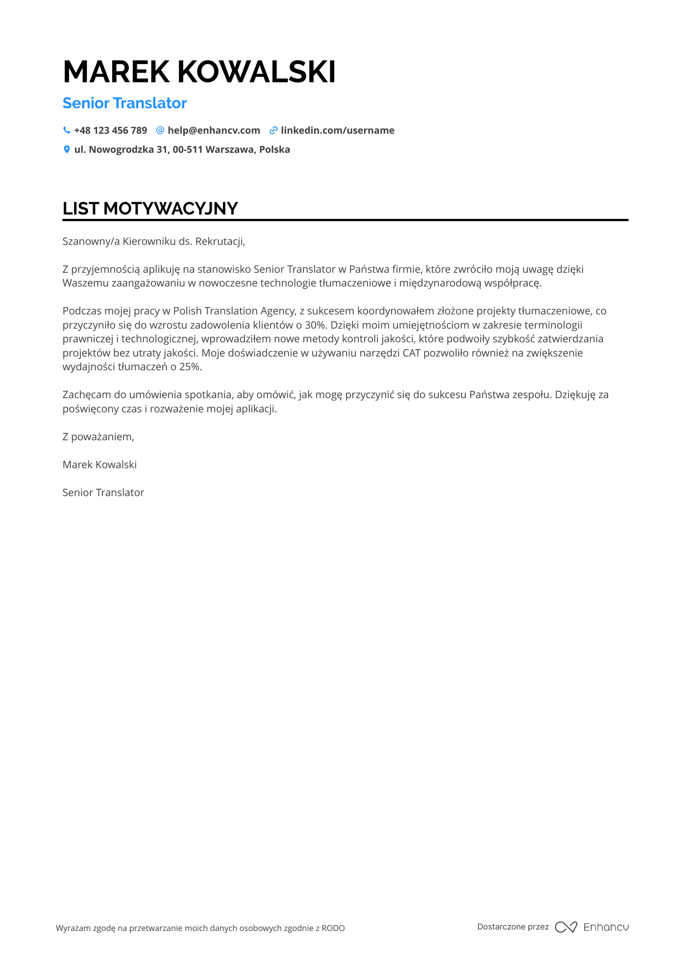 List motywacyjny dla Tłumacz Stażysta