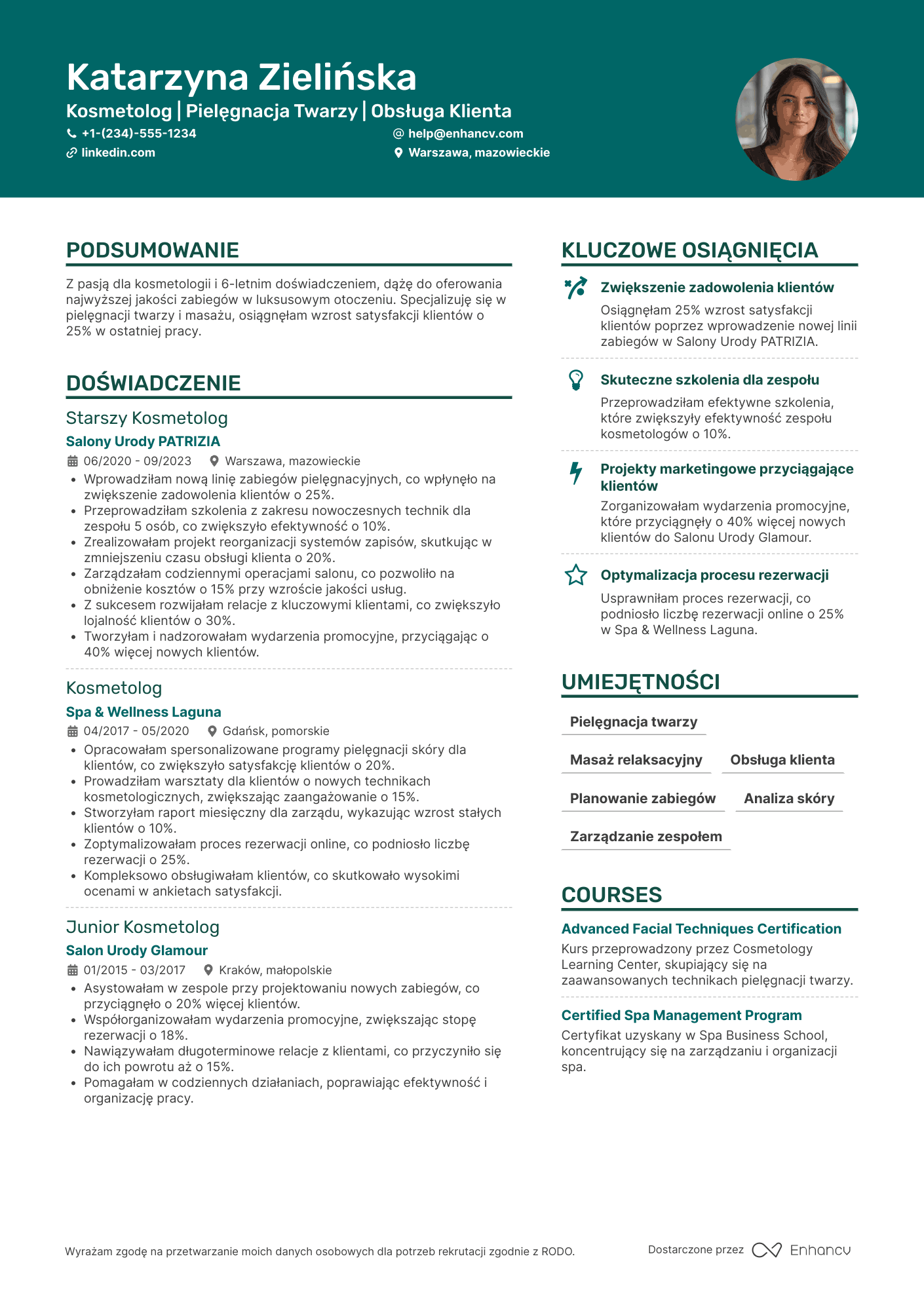 CV dla Kosmetolog w Spa