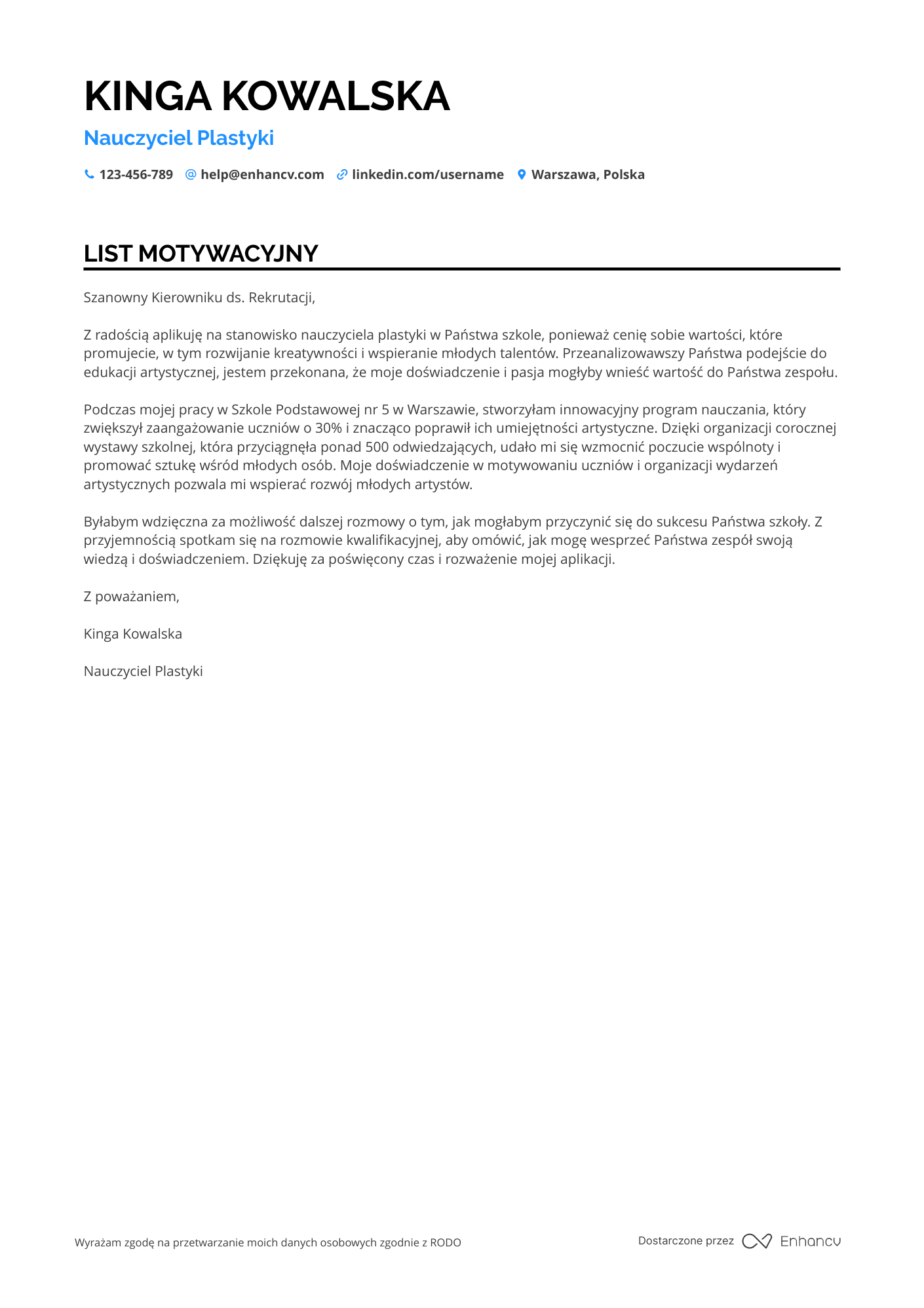 List motywacyjny dla Nauczyciel Plastyki