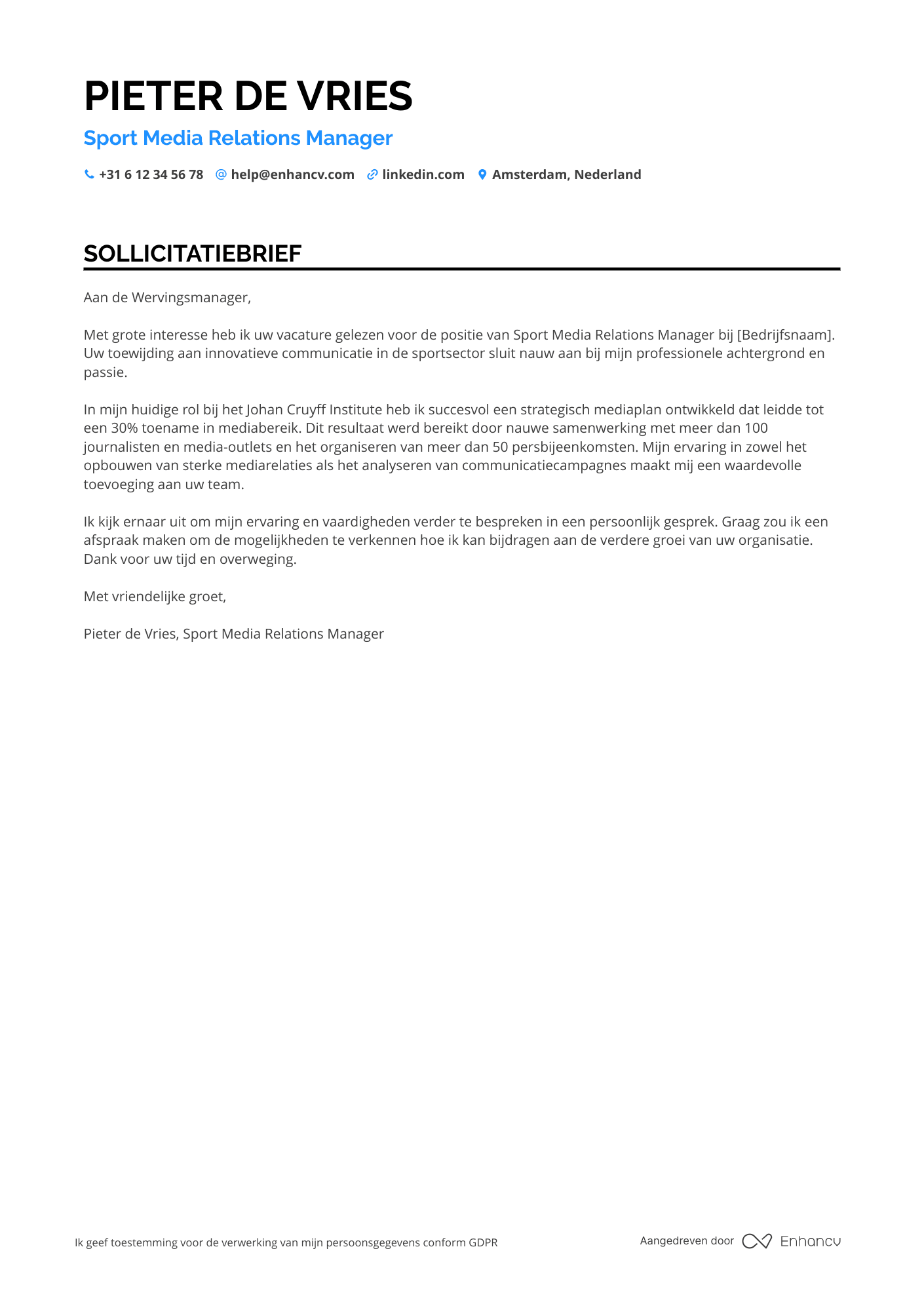 Sollicitatiebrief voor Sport Media Relations Manager