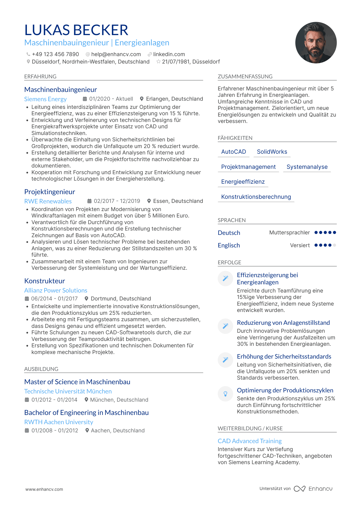 Lebenslauf in Maschinenbauingenieur in der Energieindustrie