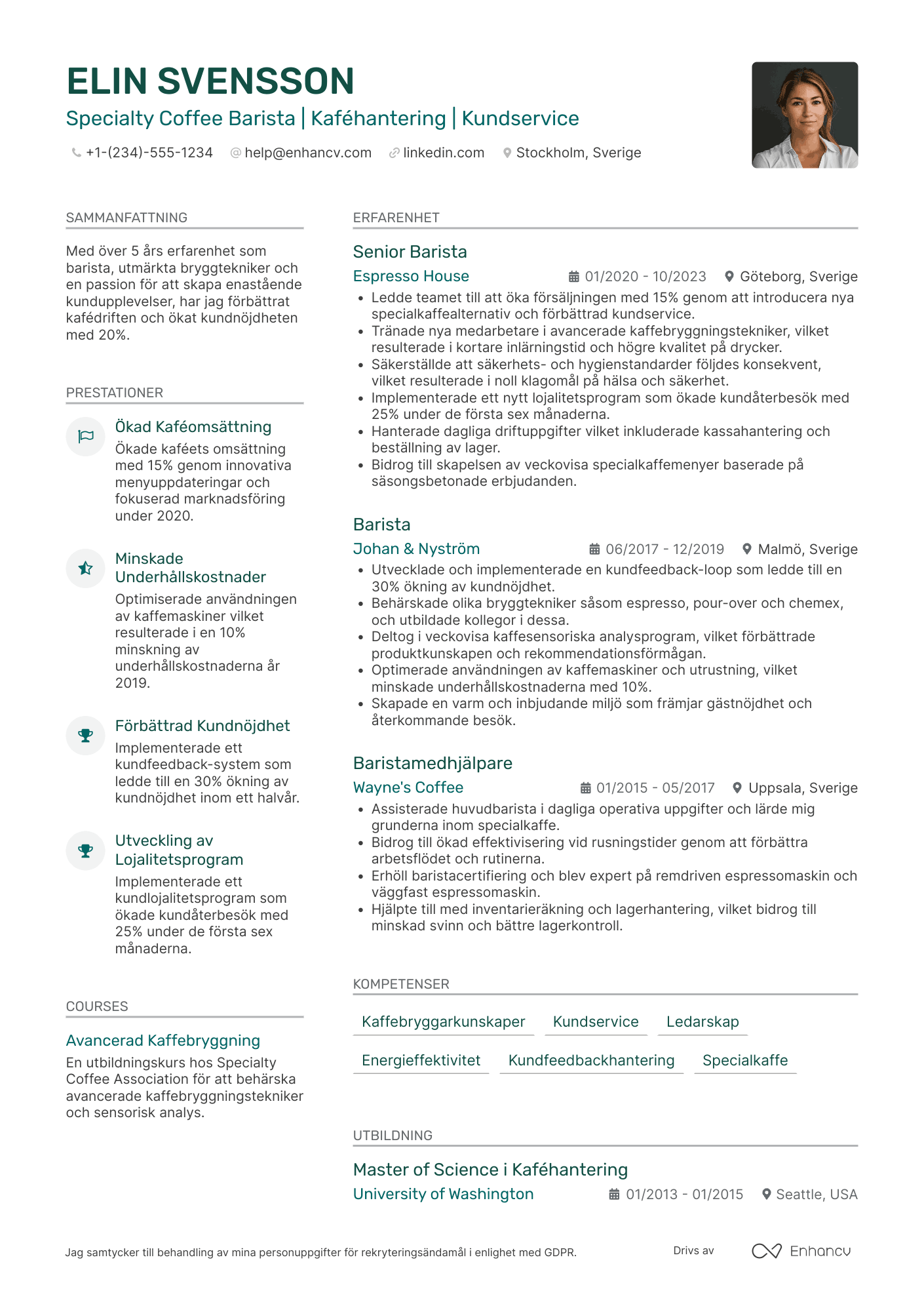 CV för Specialty Coffee Barista