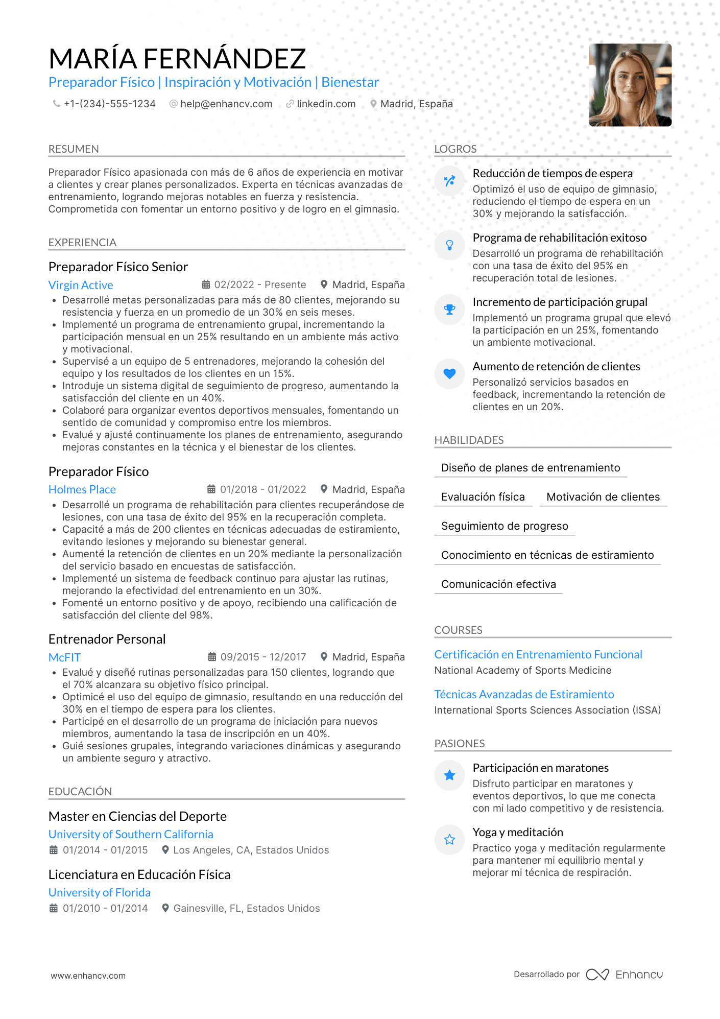 Ejemplo de currículum de preparador físico