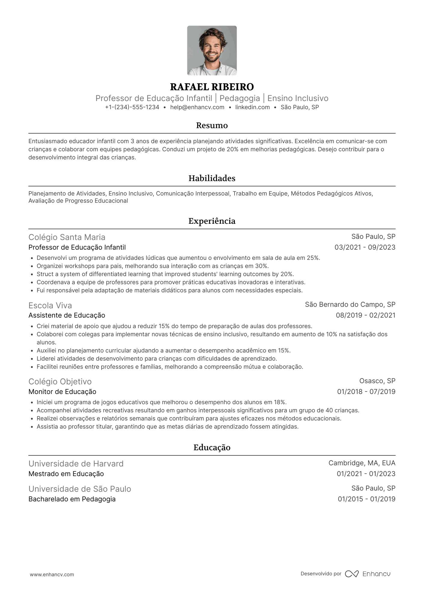 Currículo de professora recém formada em pedagogia