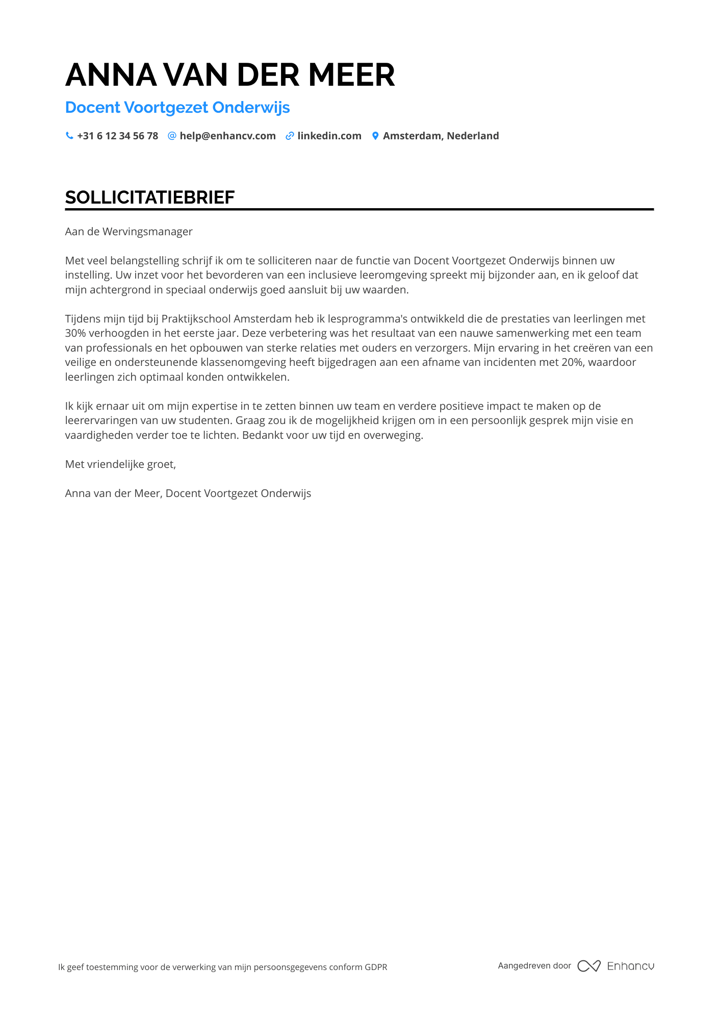Sollicitatiebrief voor Docent Voortgezet Onderwijs Speciaal Onderwijs