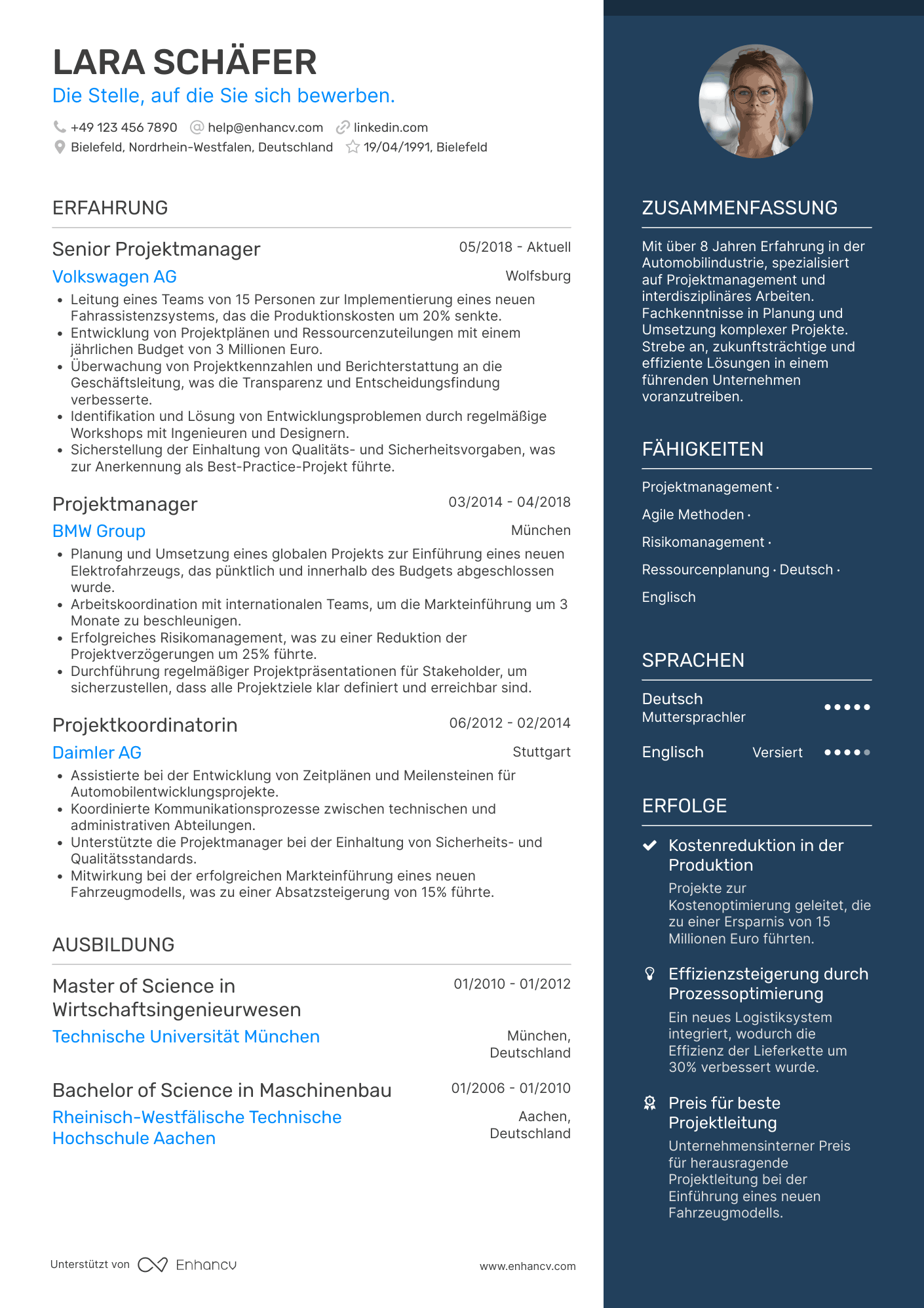 Lebenslauf in Projektmanager in der Automobilindustrie