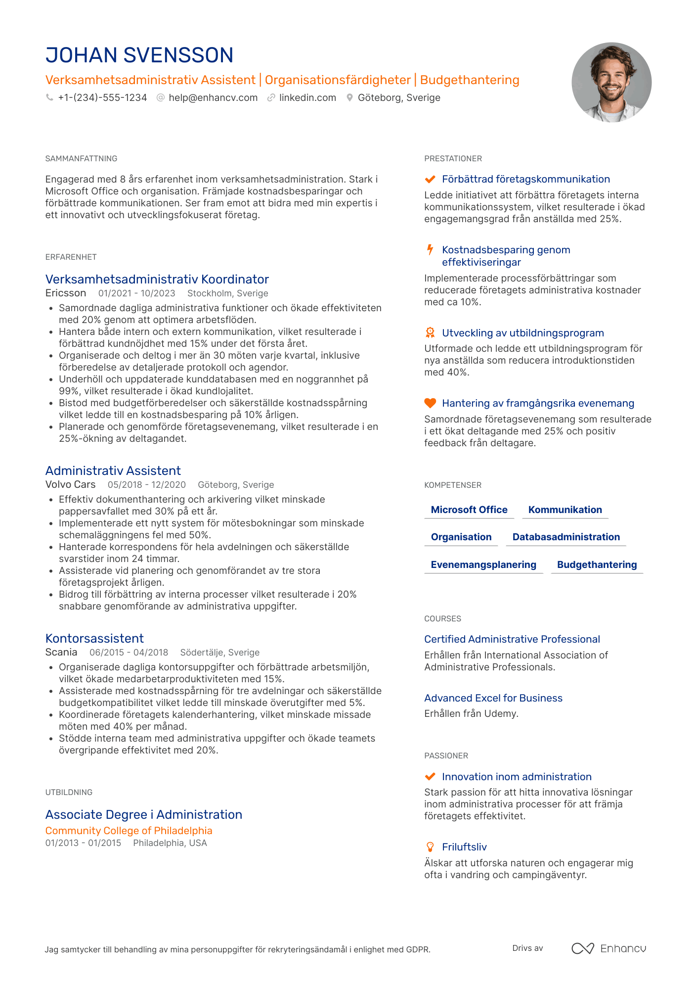 CV för Verksamhetsadministrativ Assistent