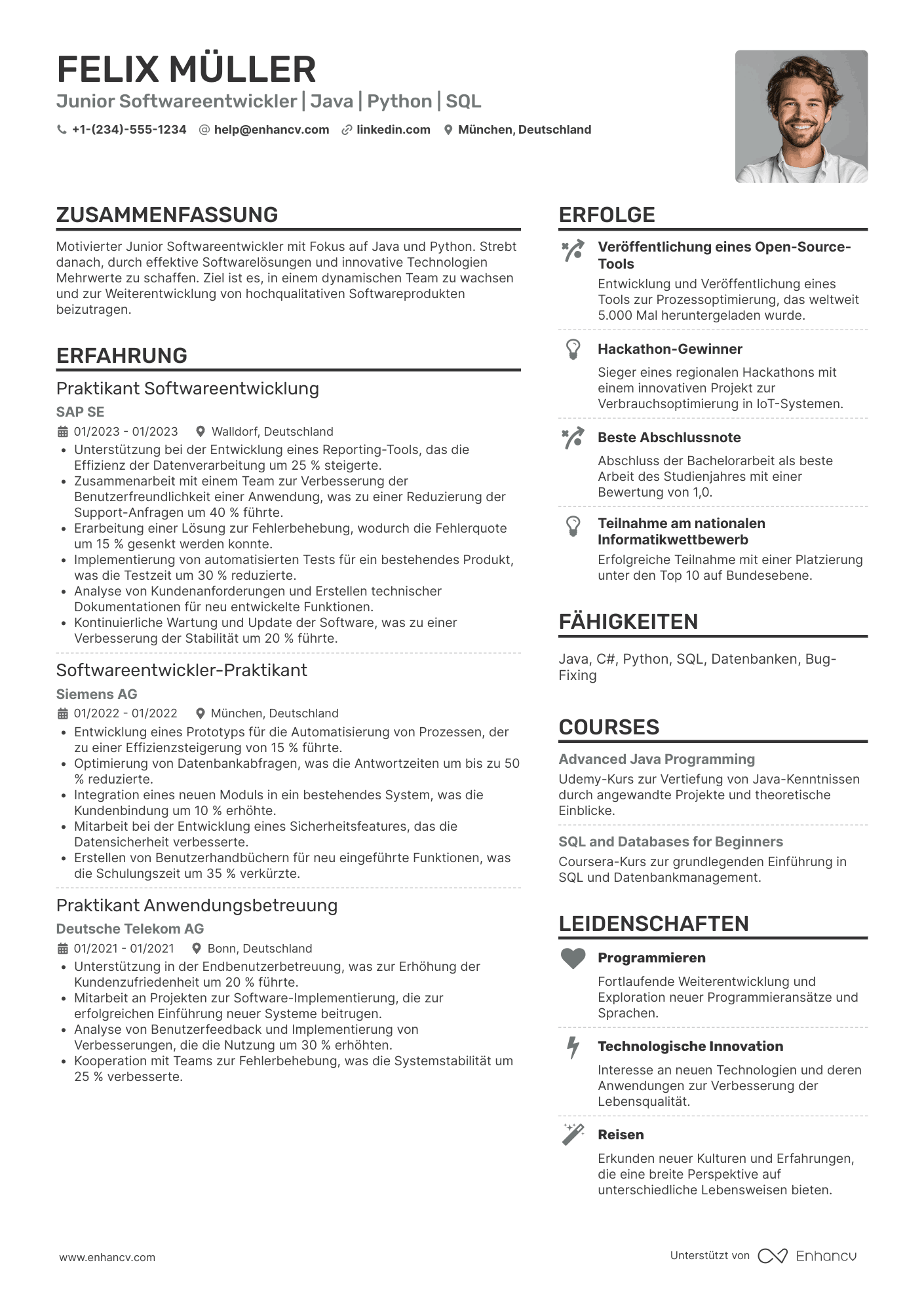 Lebenslauf Junior Softwareentwickler / Berufseinsteiger