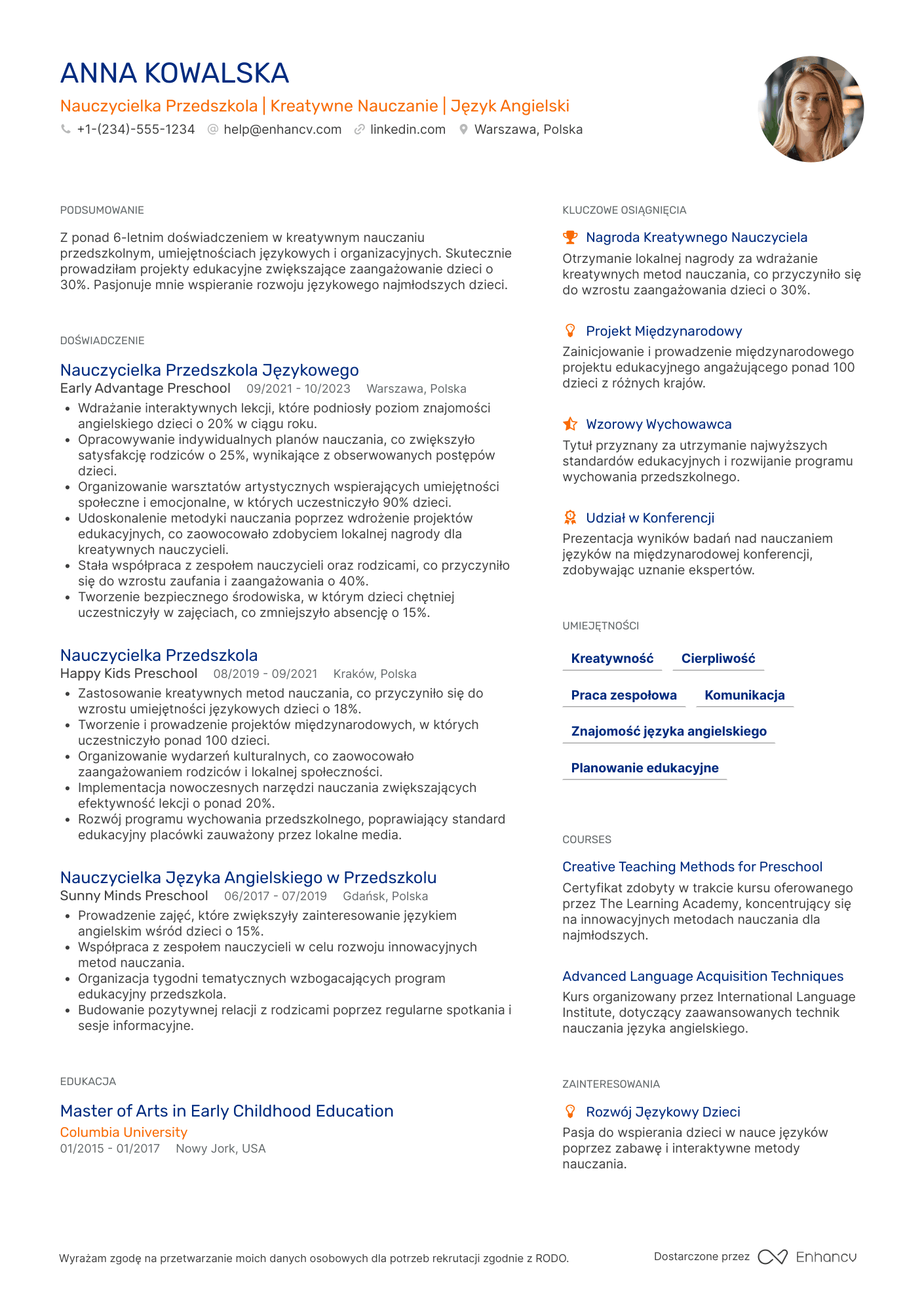 CV dla Nauczyciel Przedszkola Językowy