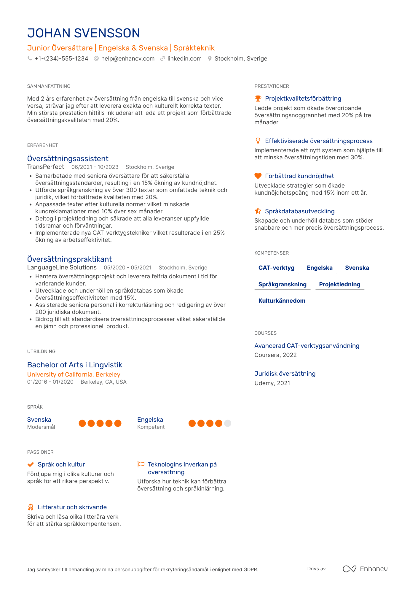 CV för Översättare Junior