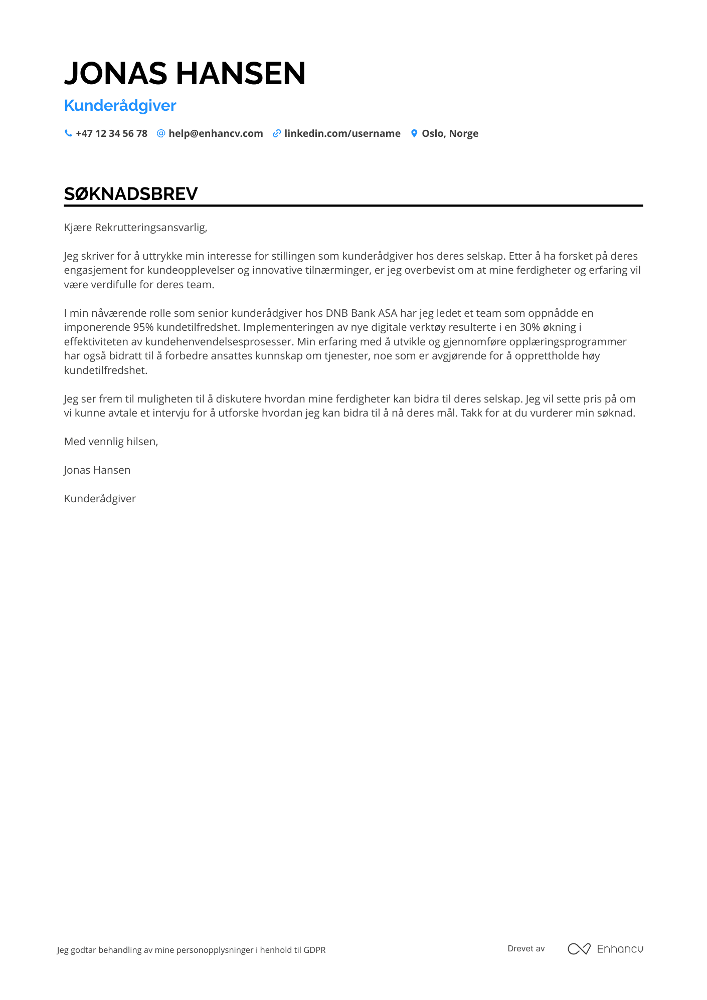 Søknadsbrev for Kunderådgiver i Postbank