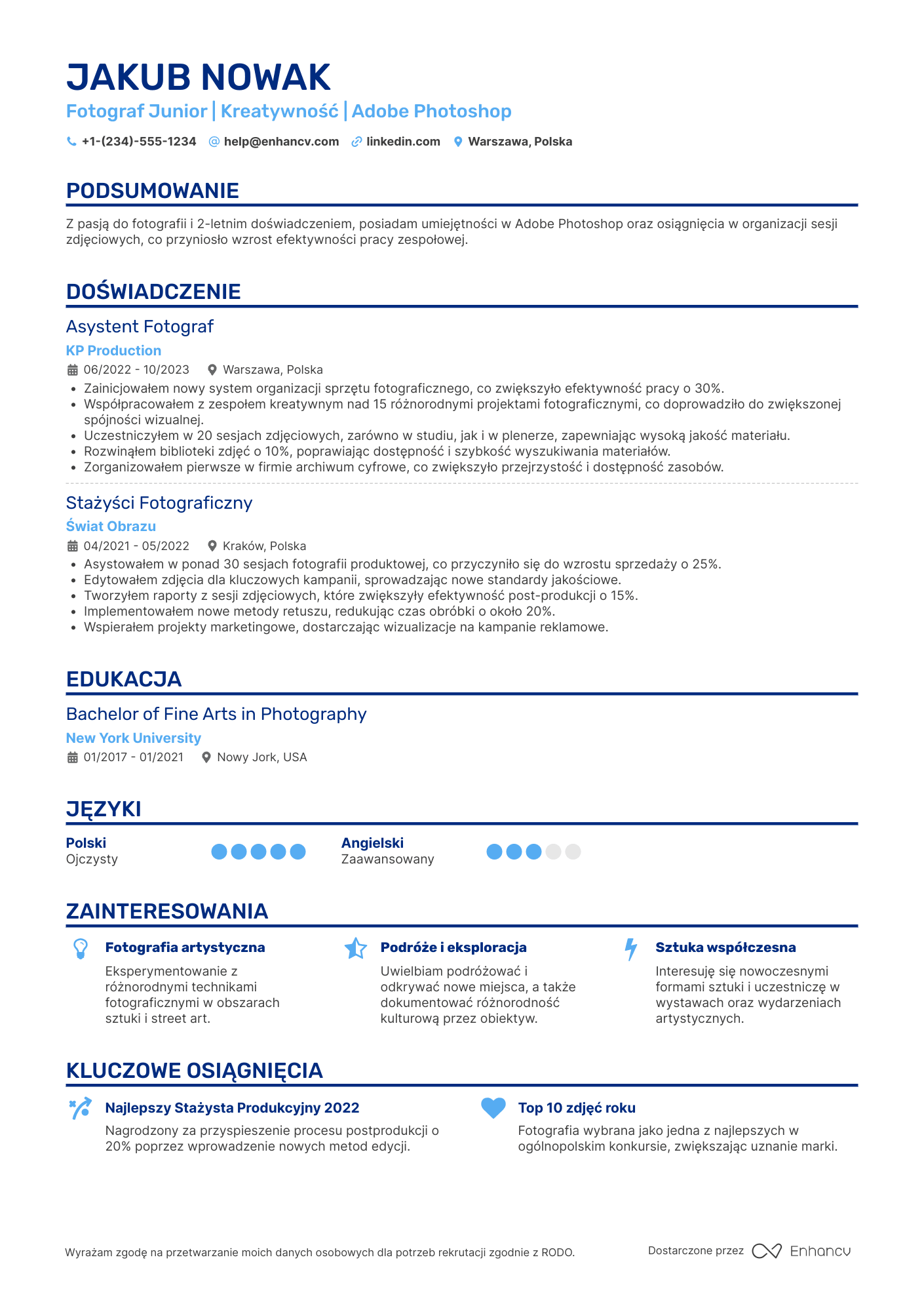 CV dla Fotograf junior