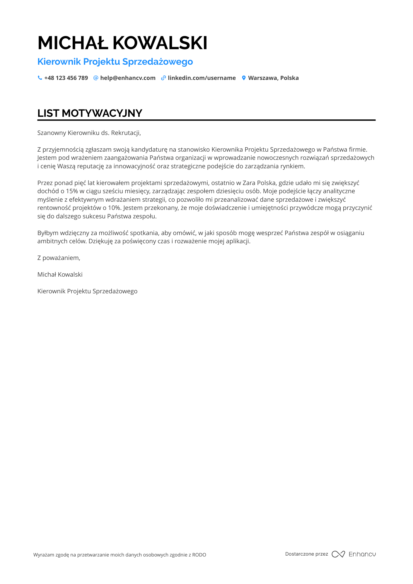 List motywacyjny dla Kierownik Projektu Sprzedażowego