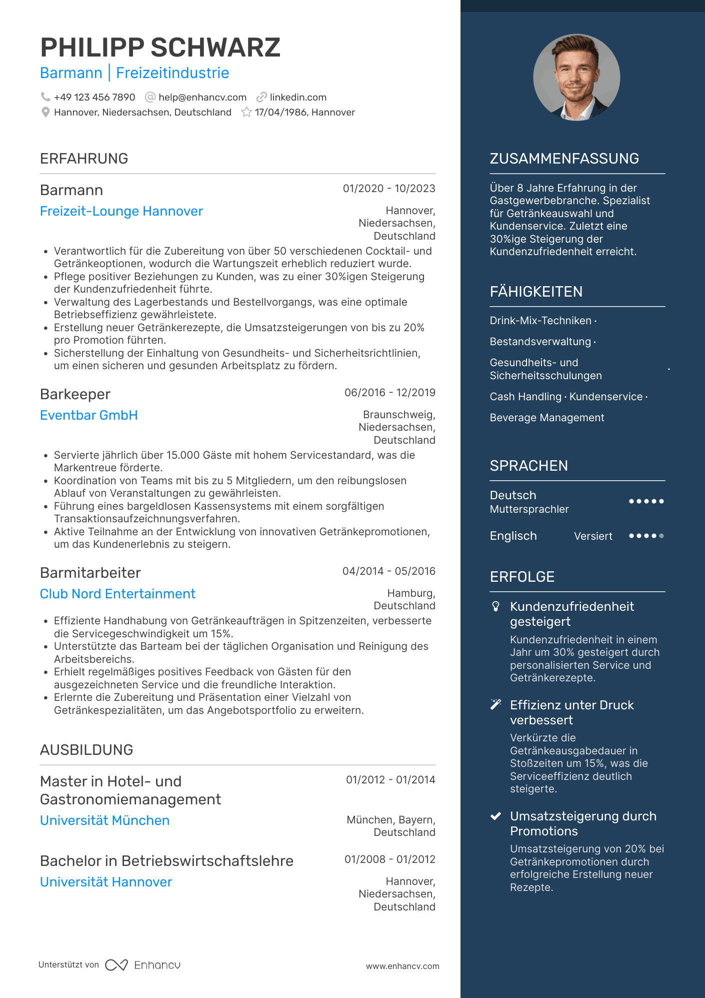 Lebenslauf in Barmann für Freizeitindustrie