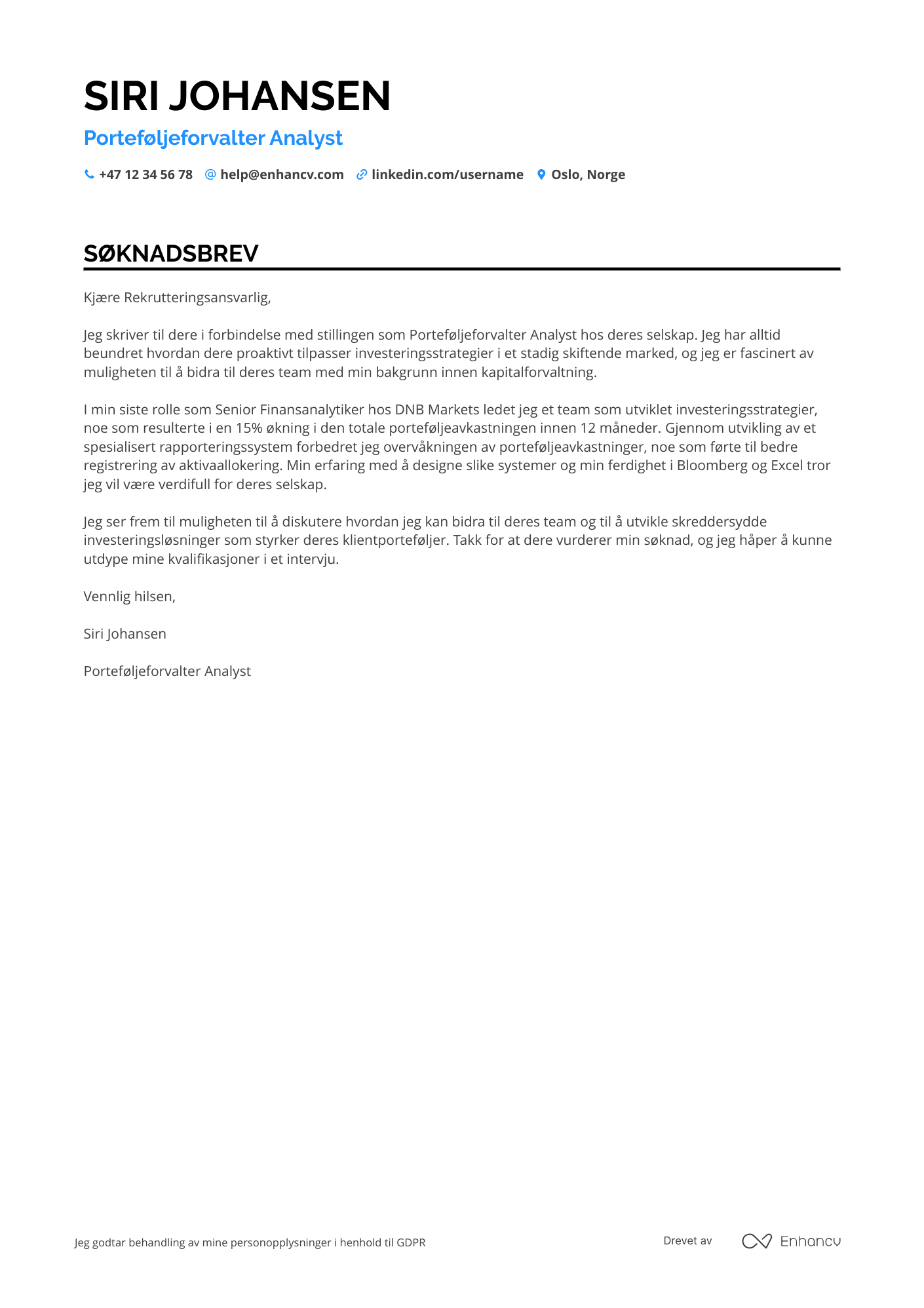 Søknadsbrev for Porteføljeforvalter Analyst