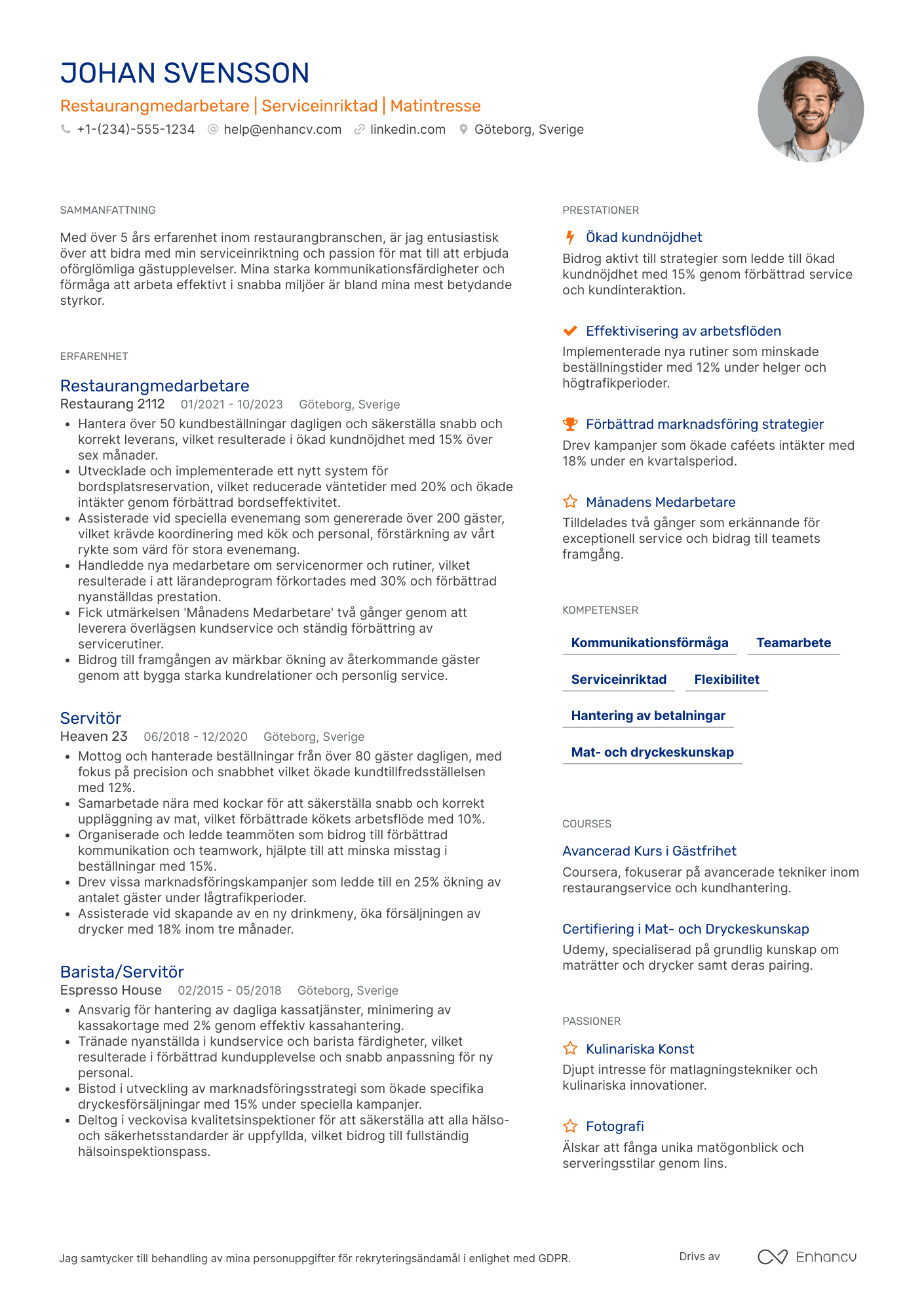 CV för Ny Restaurangmedarbetare