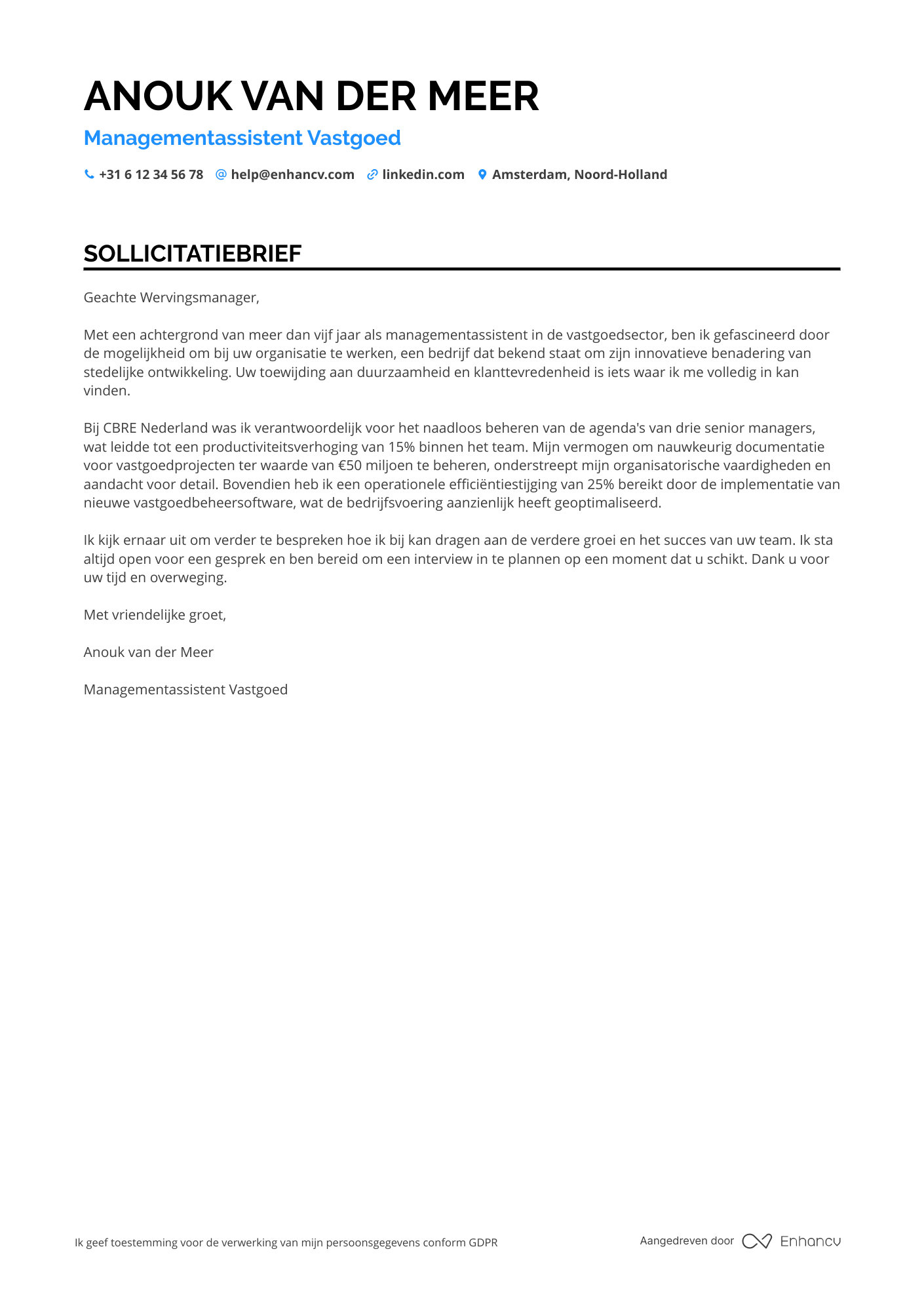 Sollicitatiebrief voor Managementassistent Vastgoed