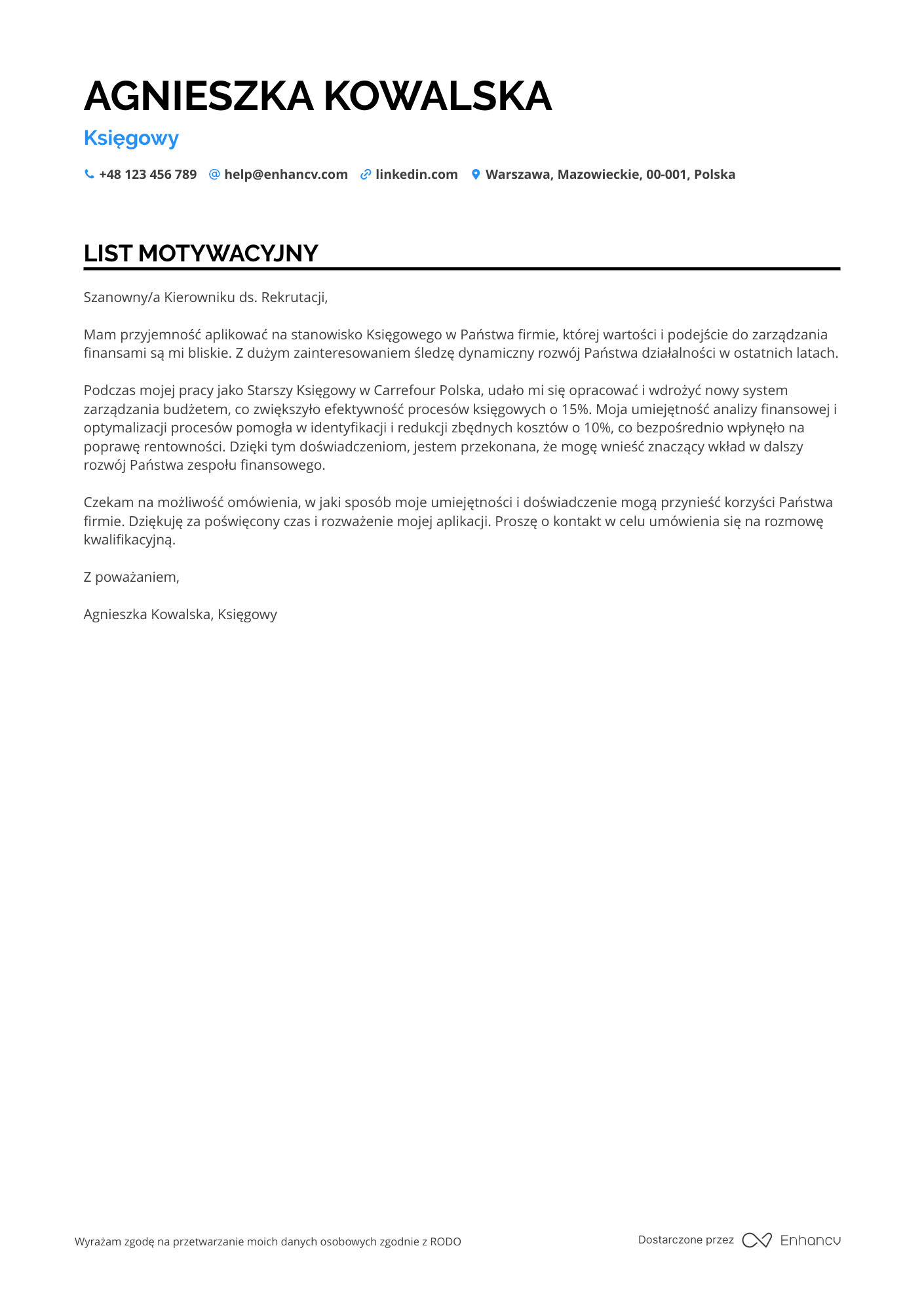 List motywacyjny dla Księgowy w handlu detalicznym