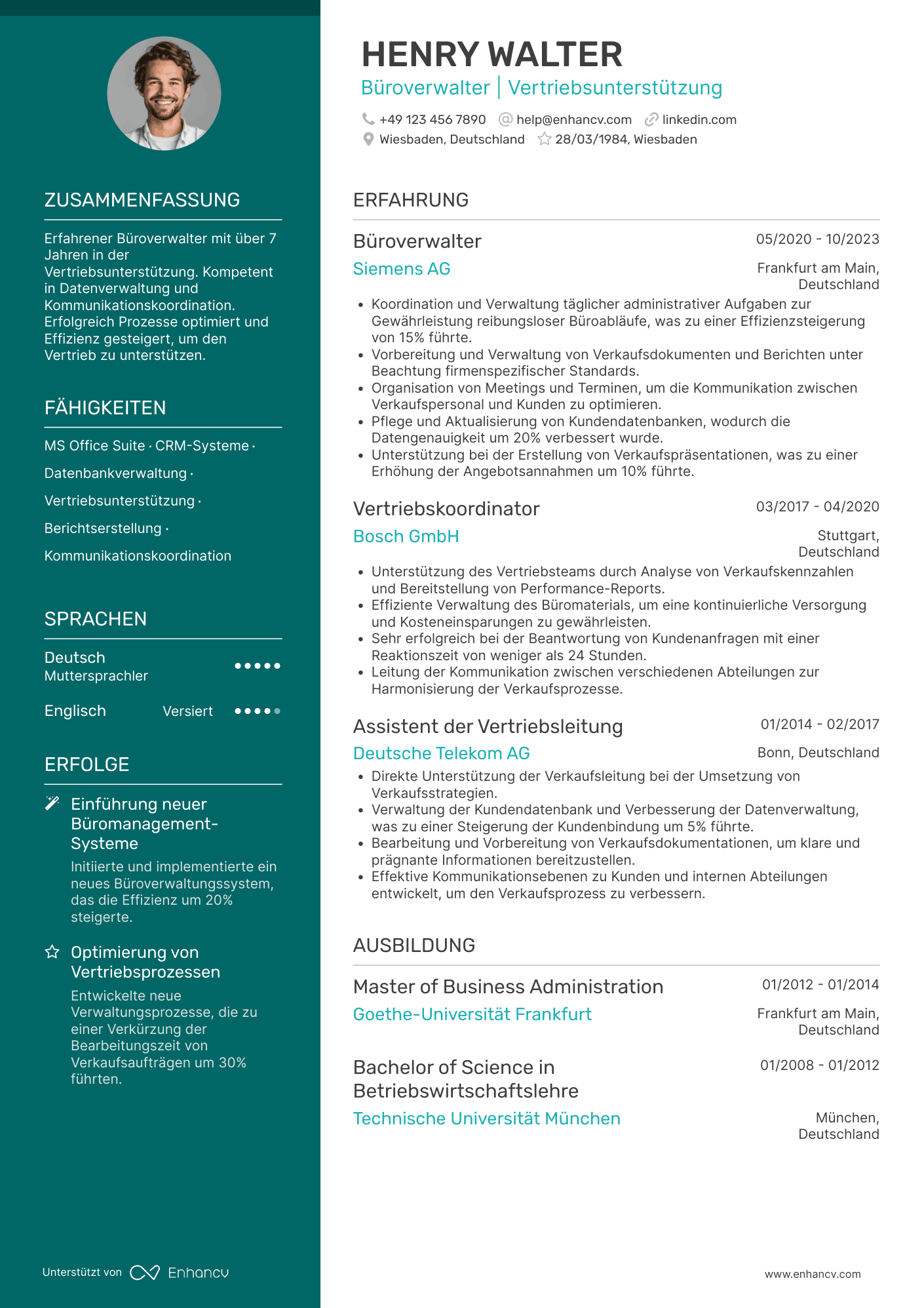 Lebenslauf als Büroverwalter für Vertrieb