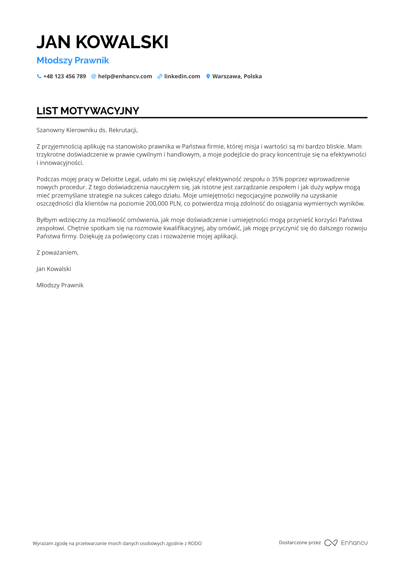 List motywacyjny dla Młodszy Prawnik