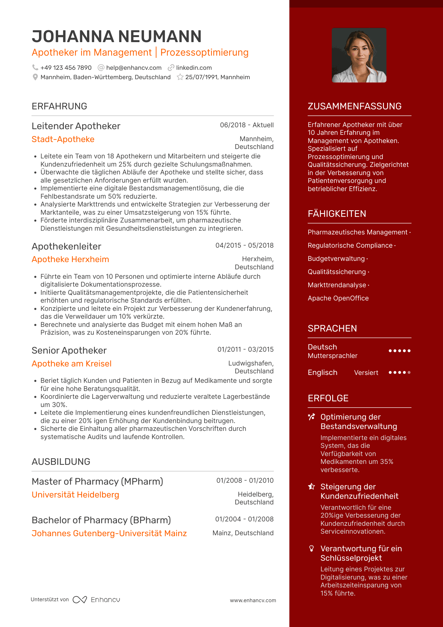 Lebenslauf als Apotheker im Management