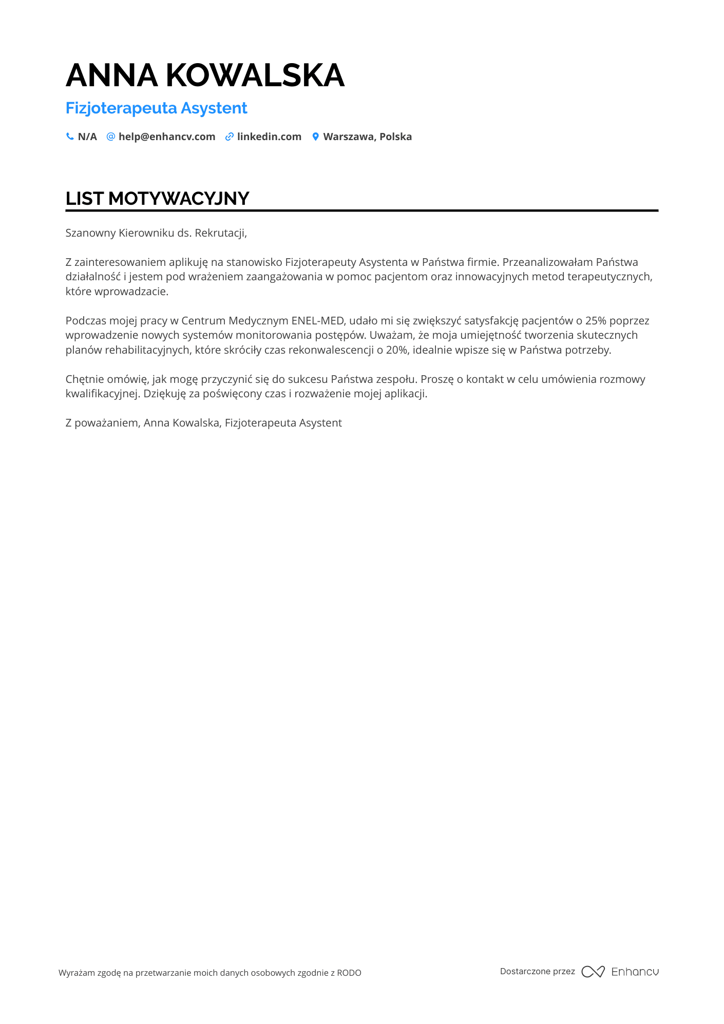 List motywacyjny dla Fizjoterapeuta Asystent