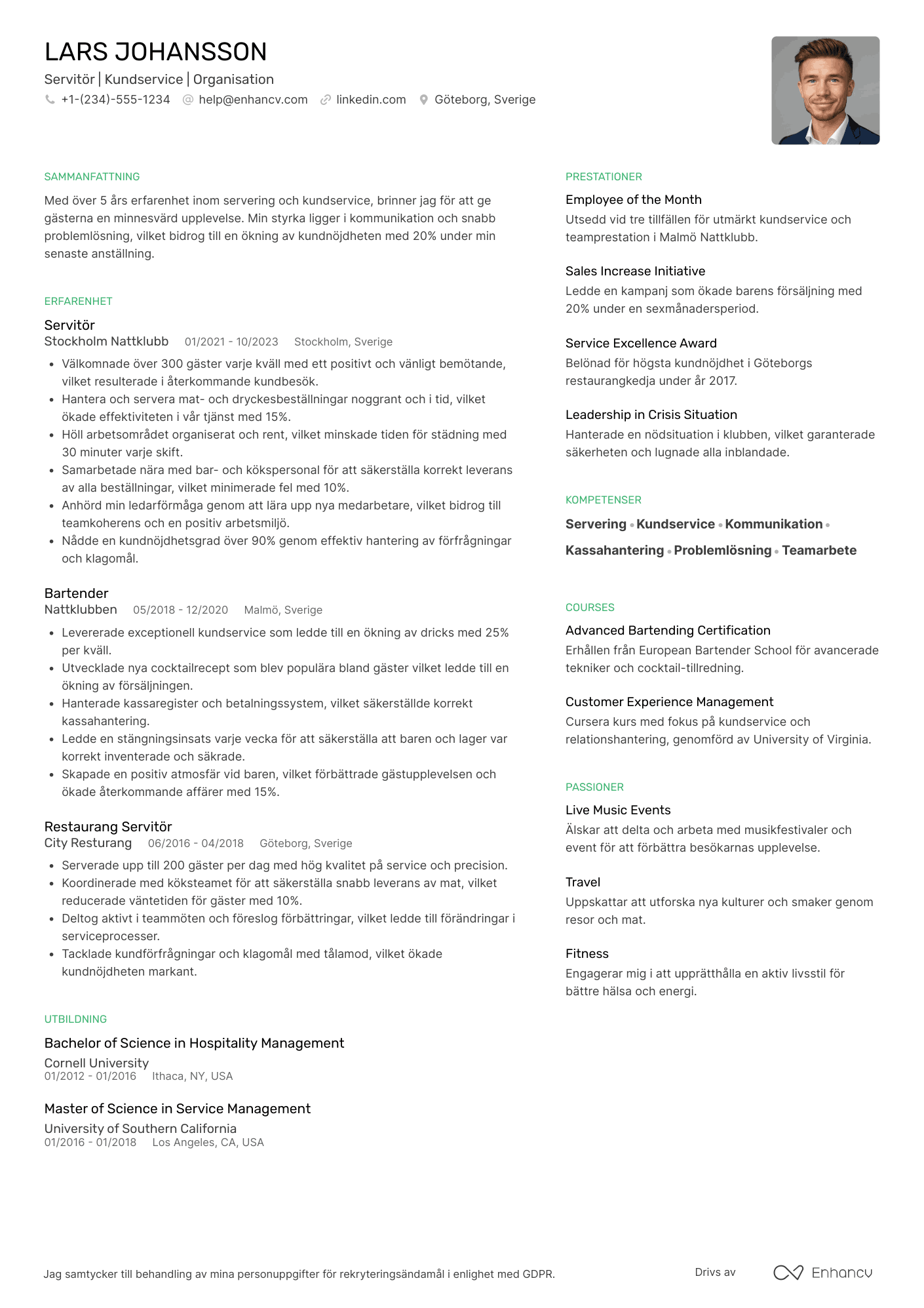 CV för Nattklubb Servitris