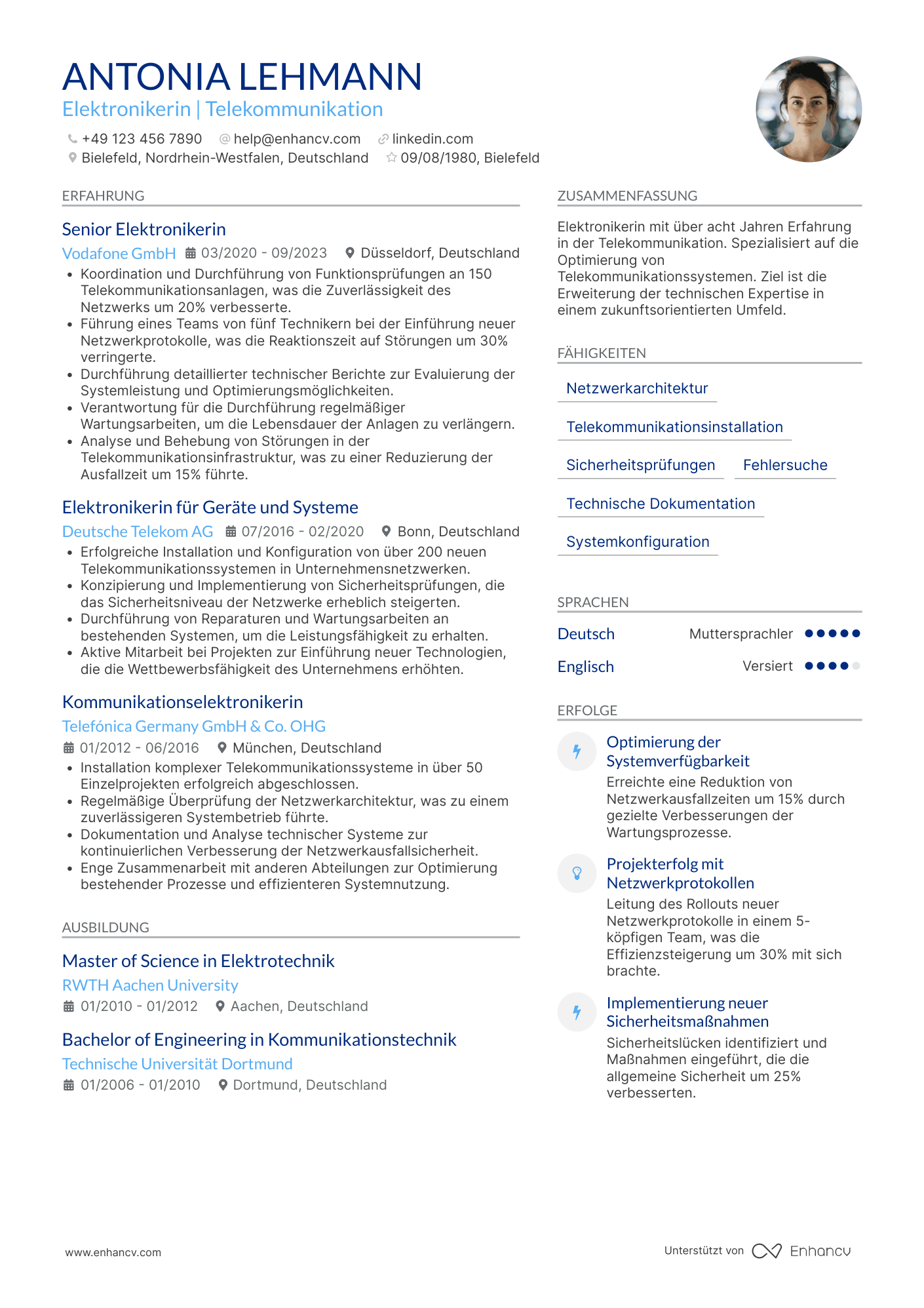 Lebenslauf in Elektroniker in der Telekommunikationsbranche