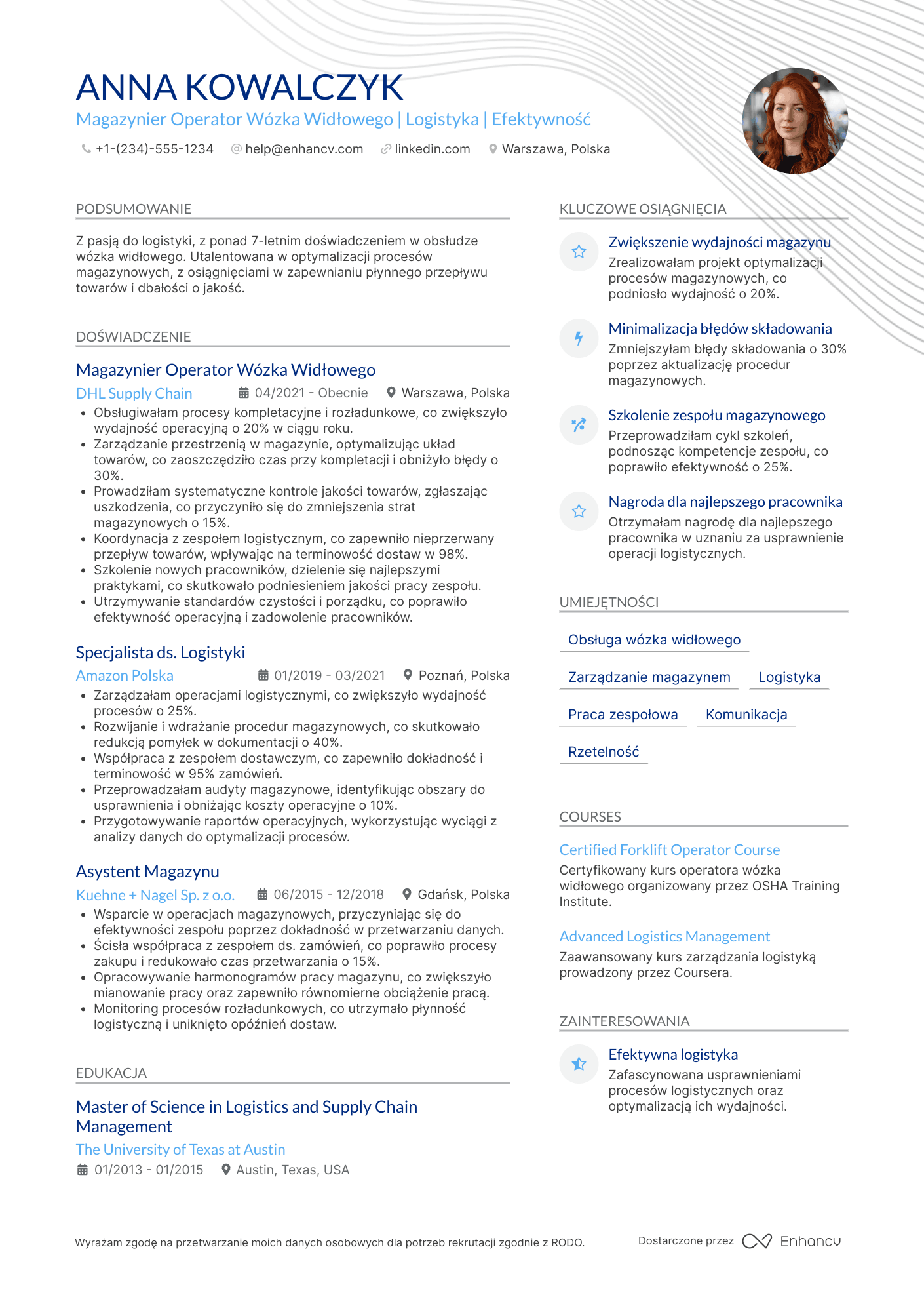 CV dla Magazynier Operator Wózka Widłowego