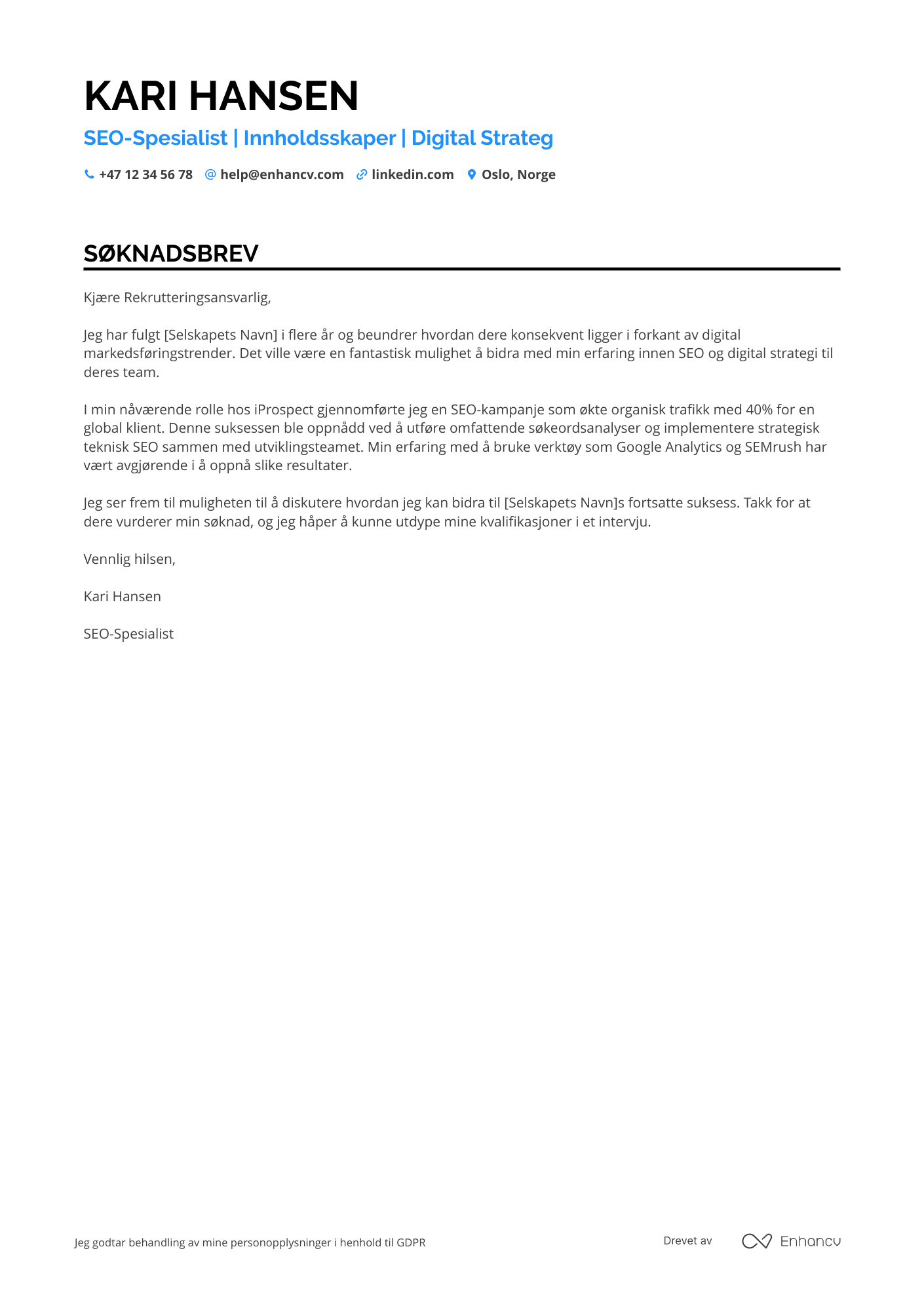 Søknadsbrev for SEO Spesialist Innholdsskaper
