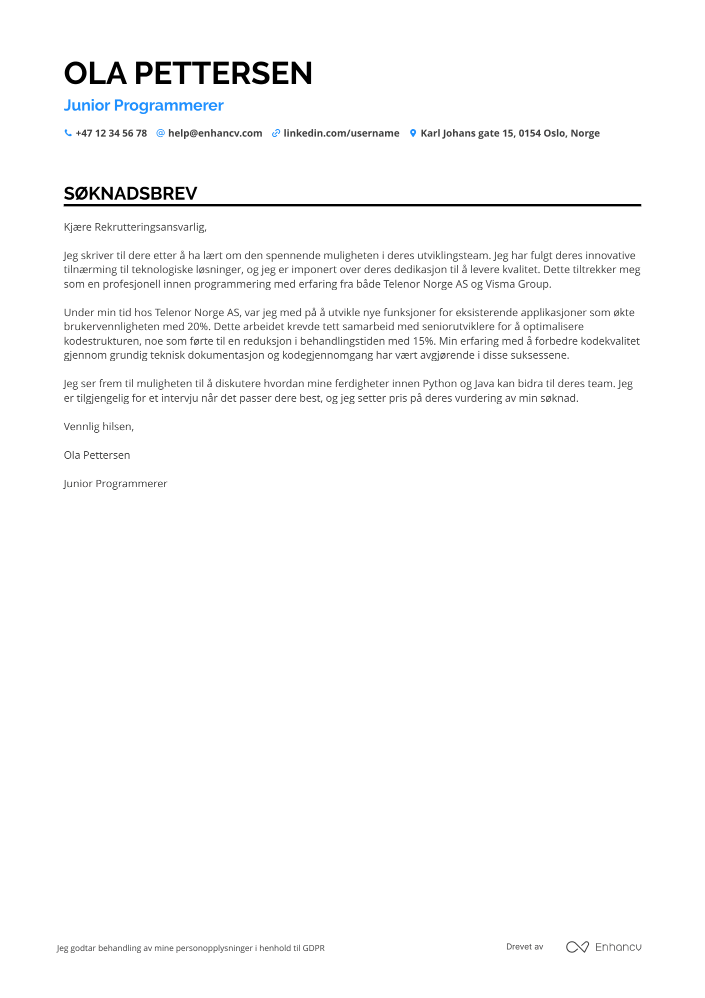 Søknadsbrev for Junior Programmerer