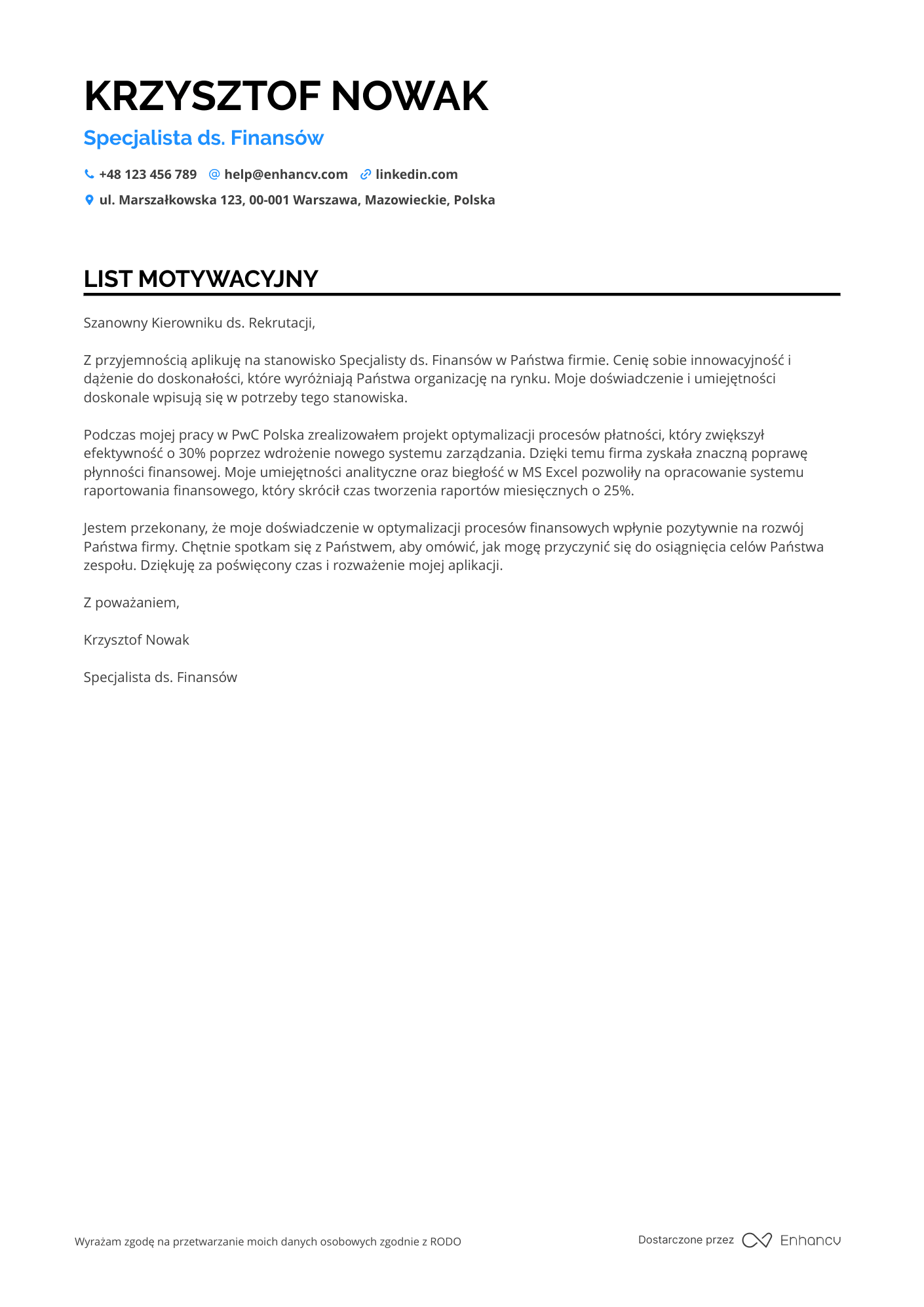 List motywacyjny dla Pracownik Biurowy ds. Finansów