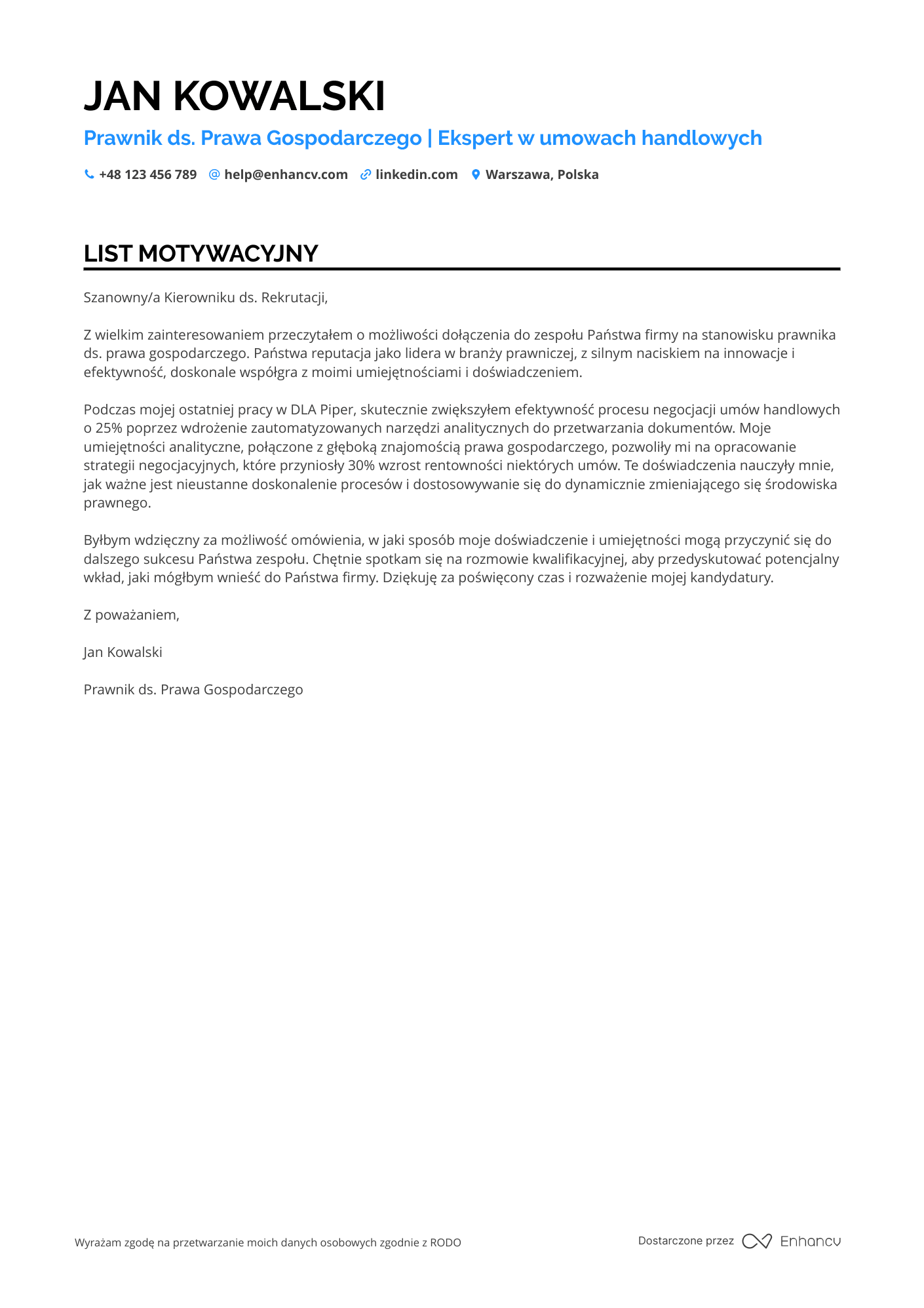 List motywacyjny dla Prawnik ds. Prawa Gospodarczego