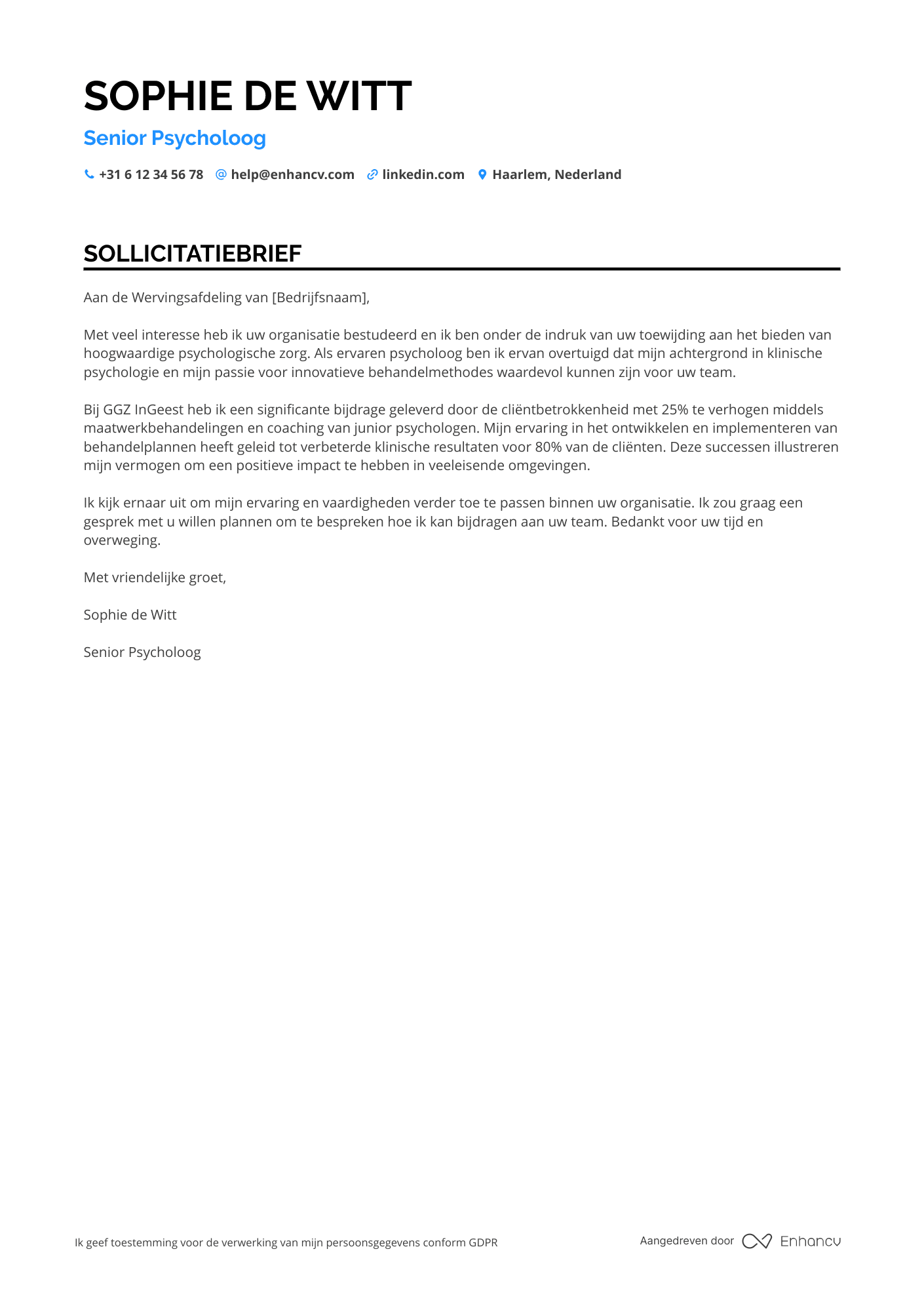 Sollicitatiebrief voor Senior Psycholoog