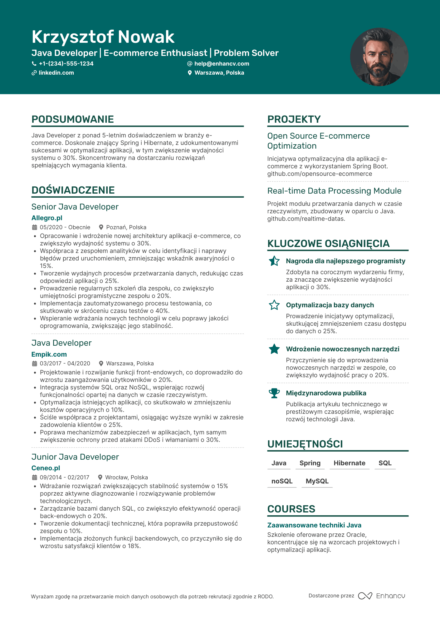 CV dla Java Developer for Ecommerce