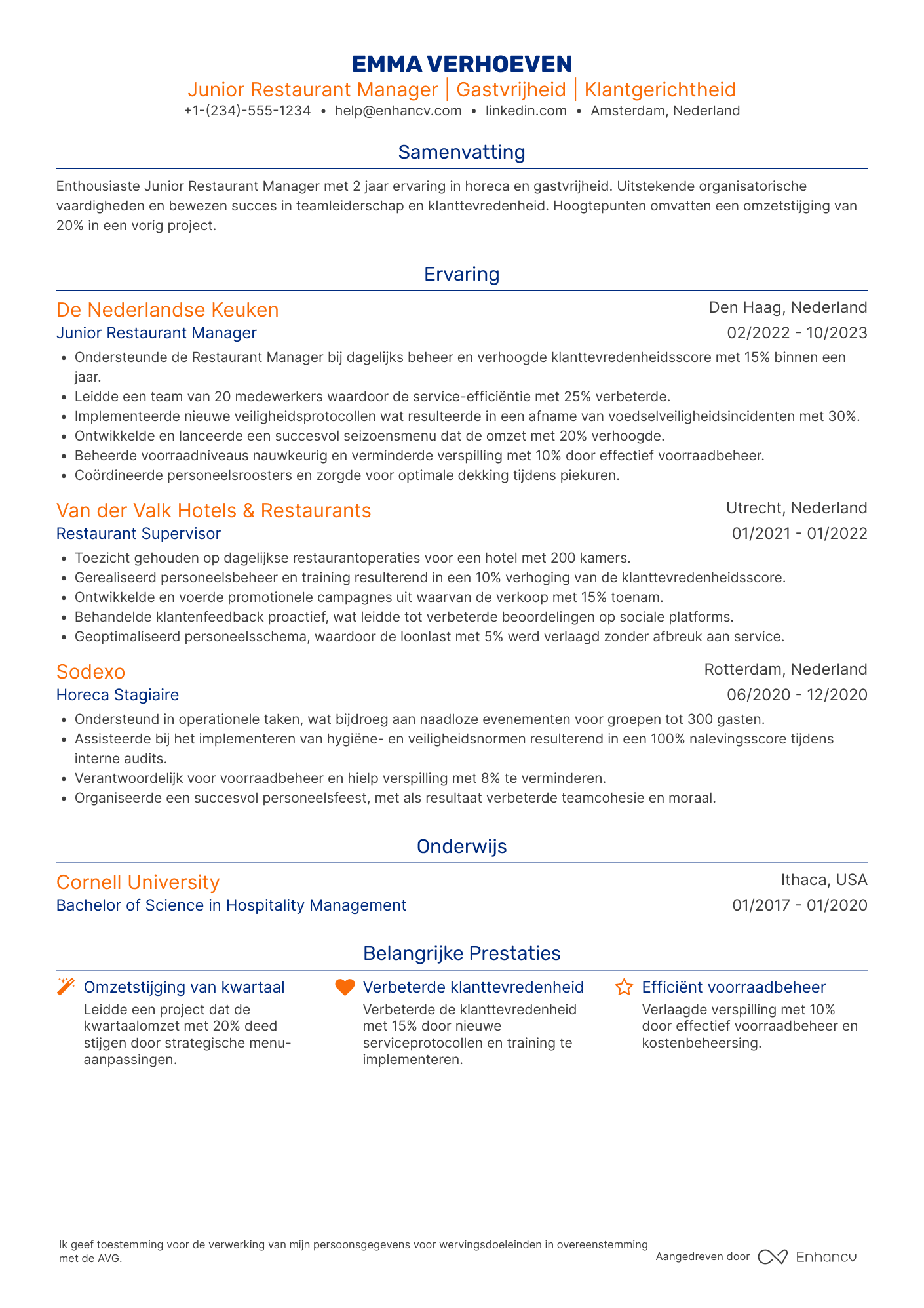 CV voor Junior Restaurant Manager