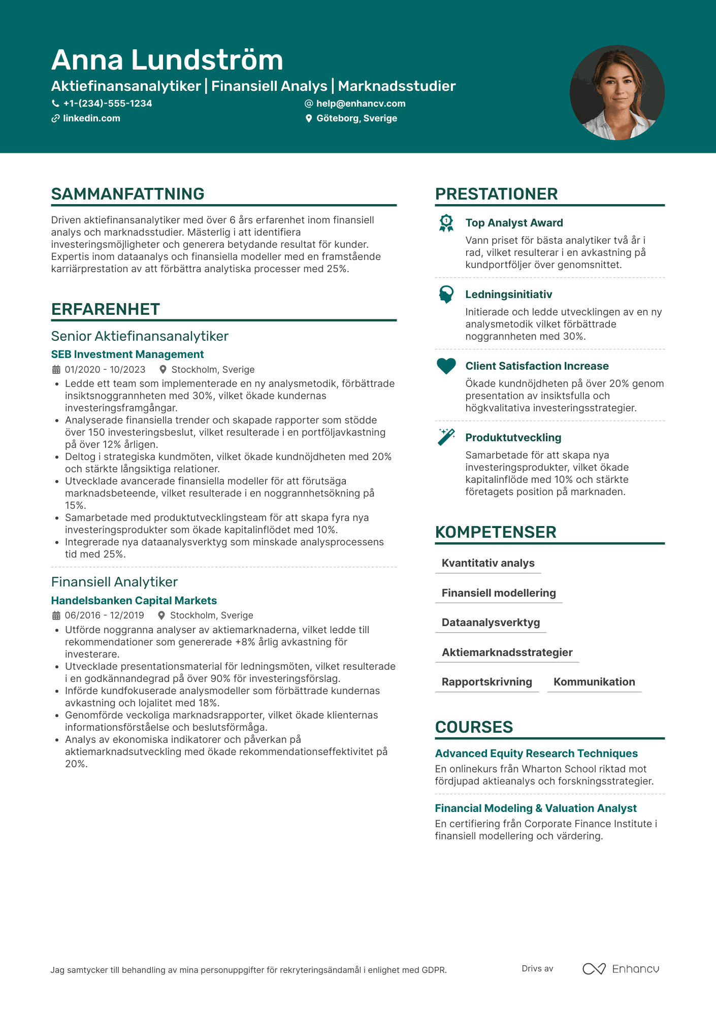 CV för Aktiefinansanalytiker