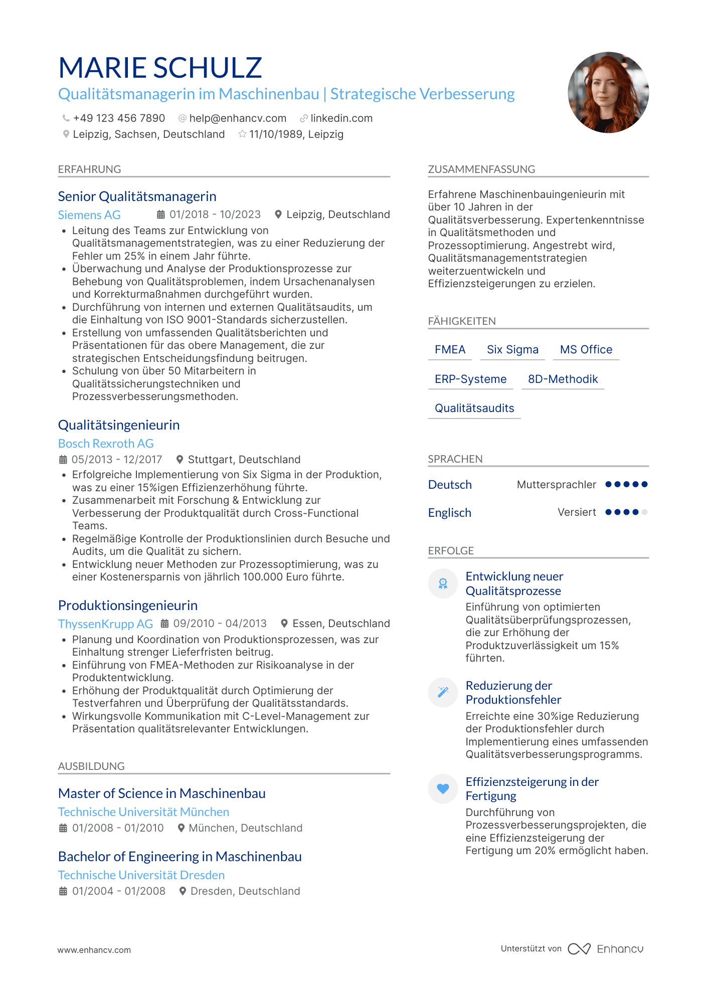 Lebenslauf als Maschinenbauingenieur für Qualitätsmanagement