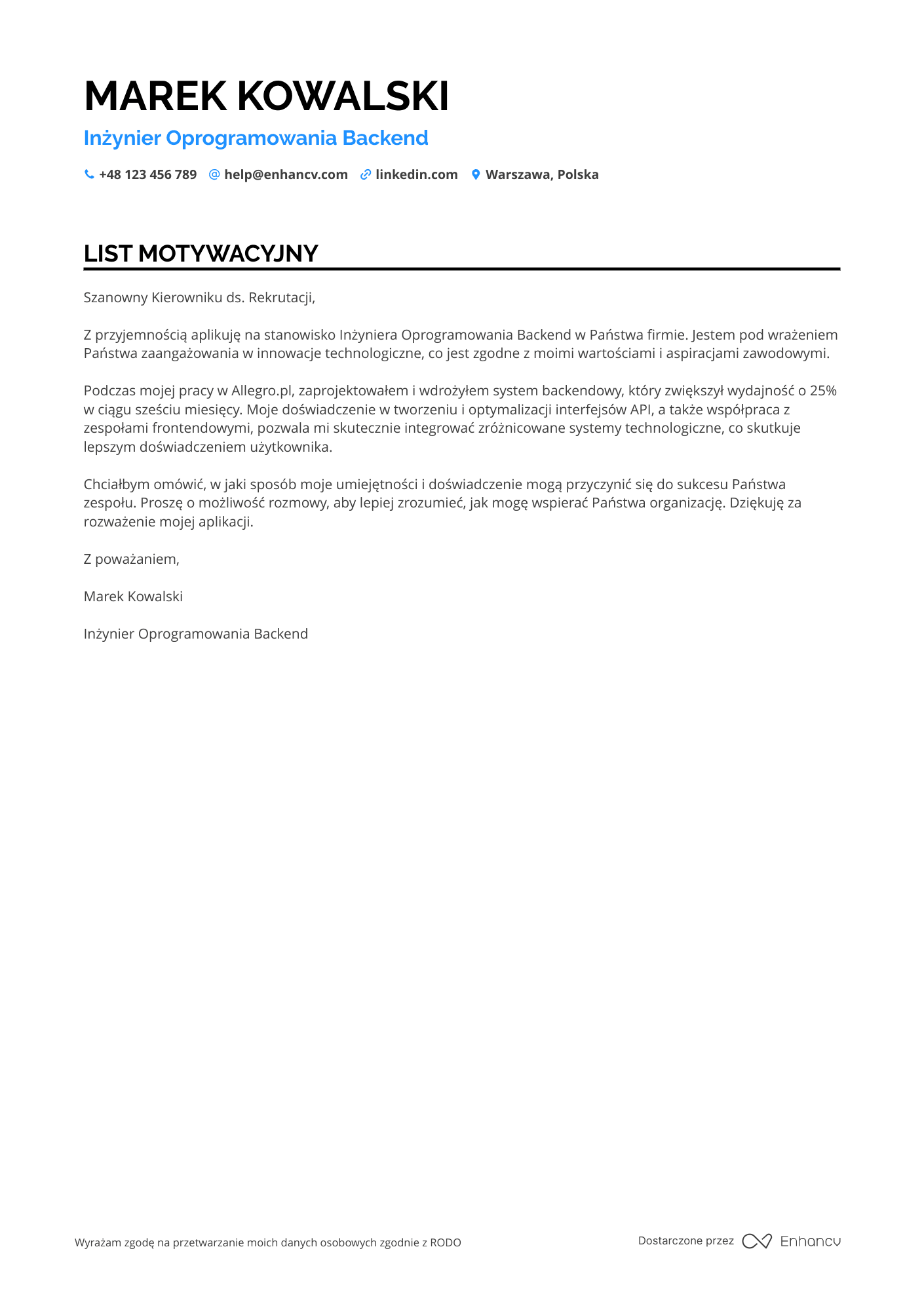 List motywacyjny dla Backend Software Engineer