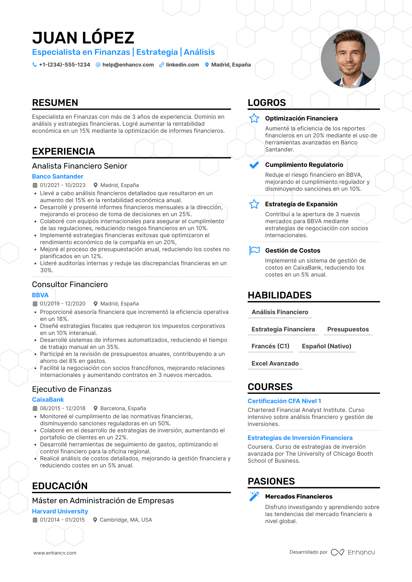 CV en francés de finanzas (Finance)