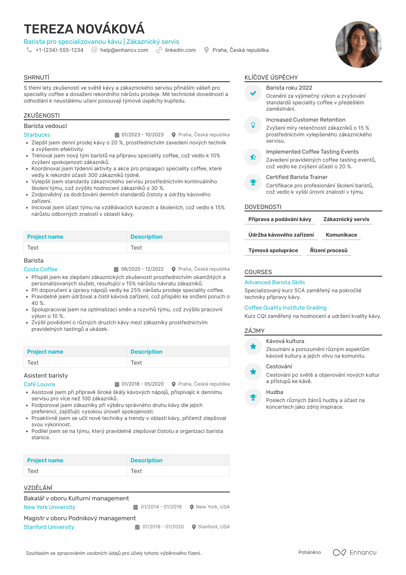 Životopis pro Specialty Coffee Barista